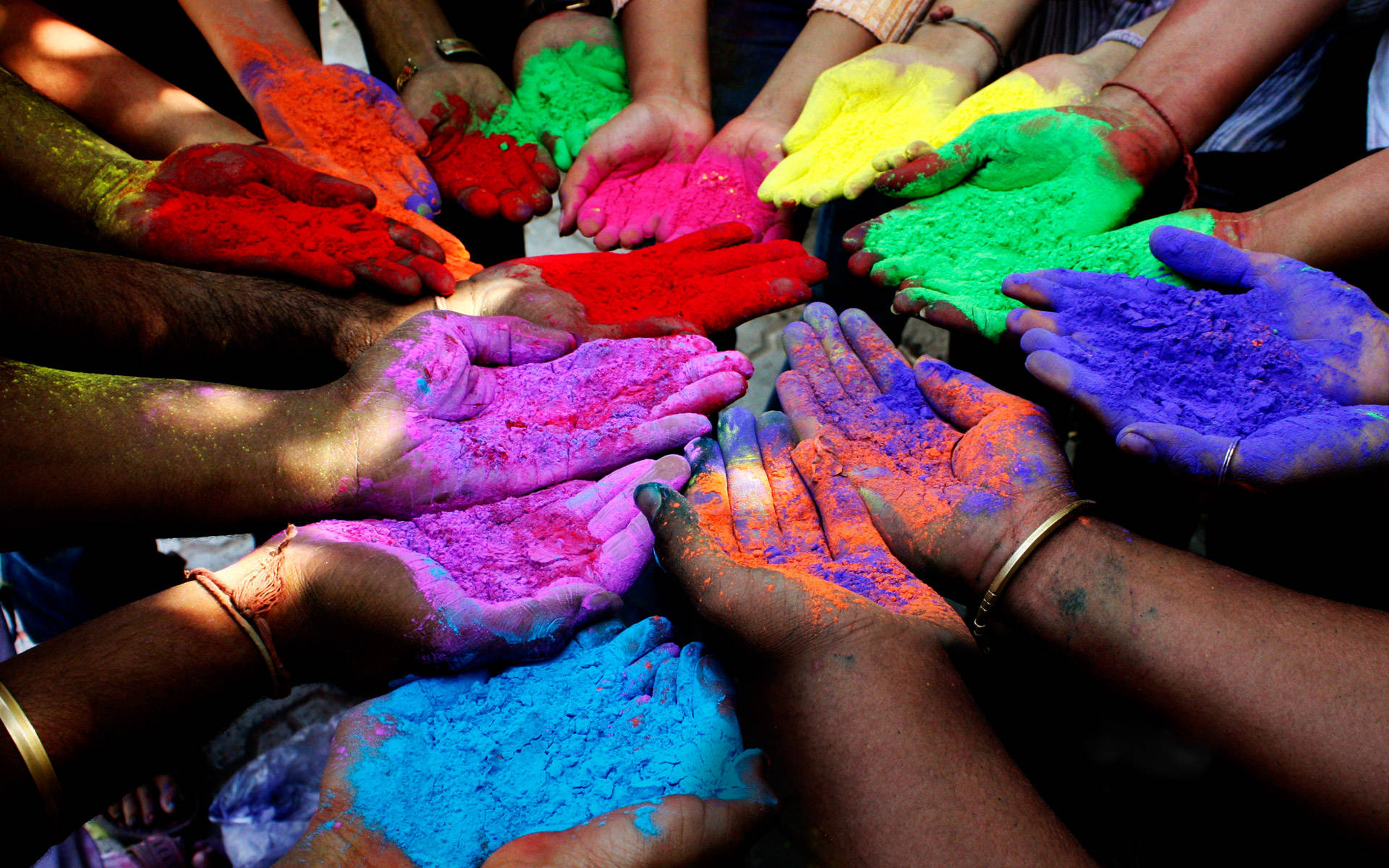 Holi, vibrant colored powders, circle of hands, Full HD Desktop Wallpaper