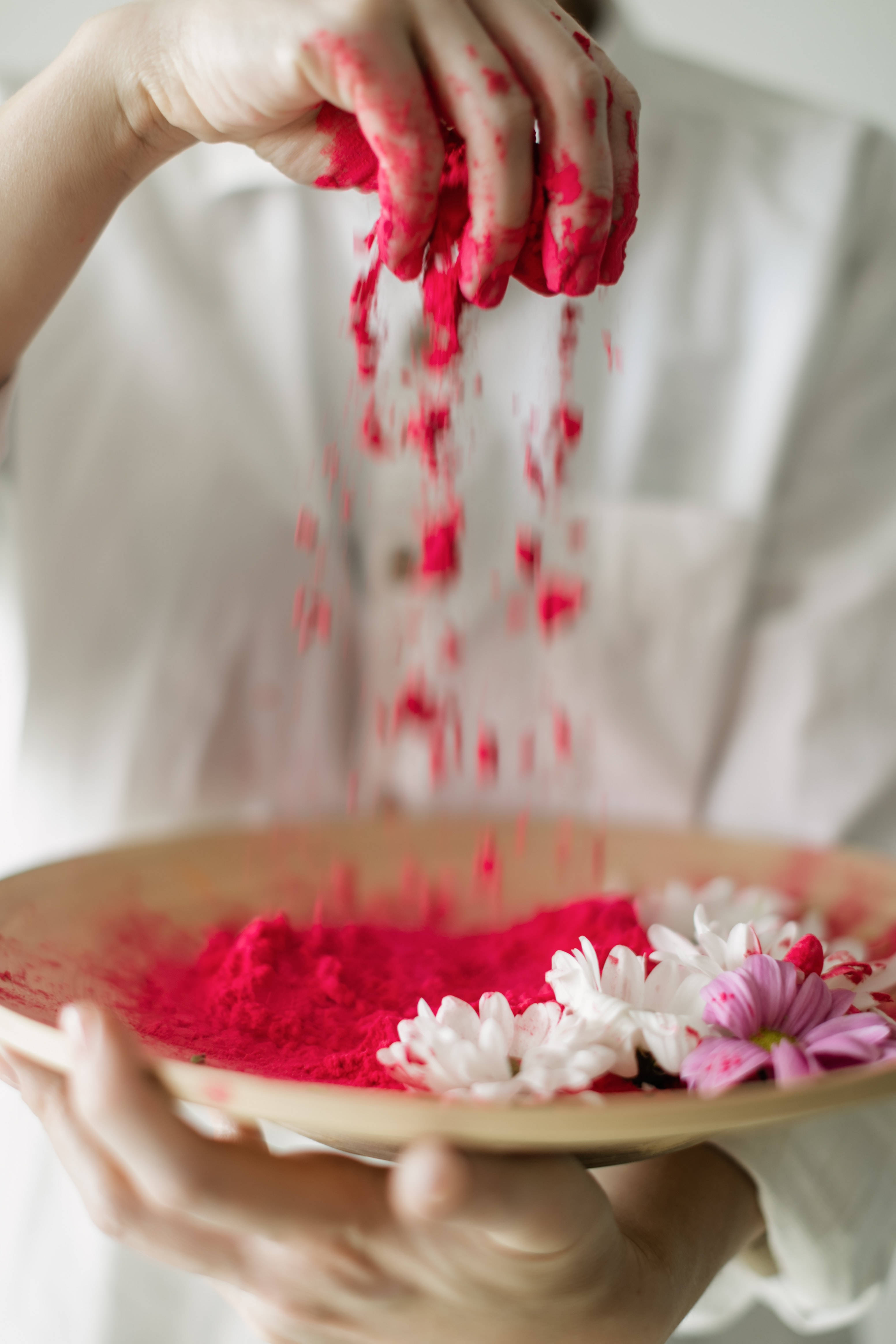 red powder, white and pink flowers, wooden bowl, 4K Phone Wallpaper