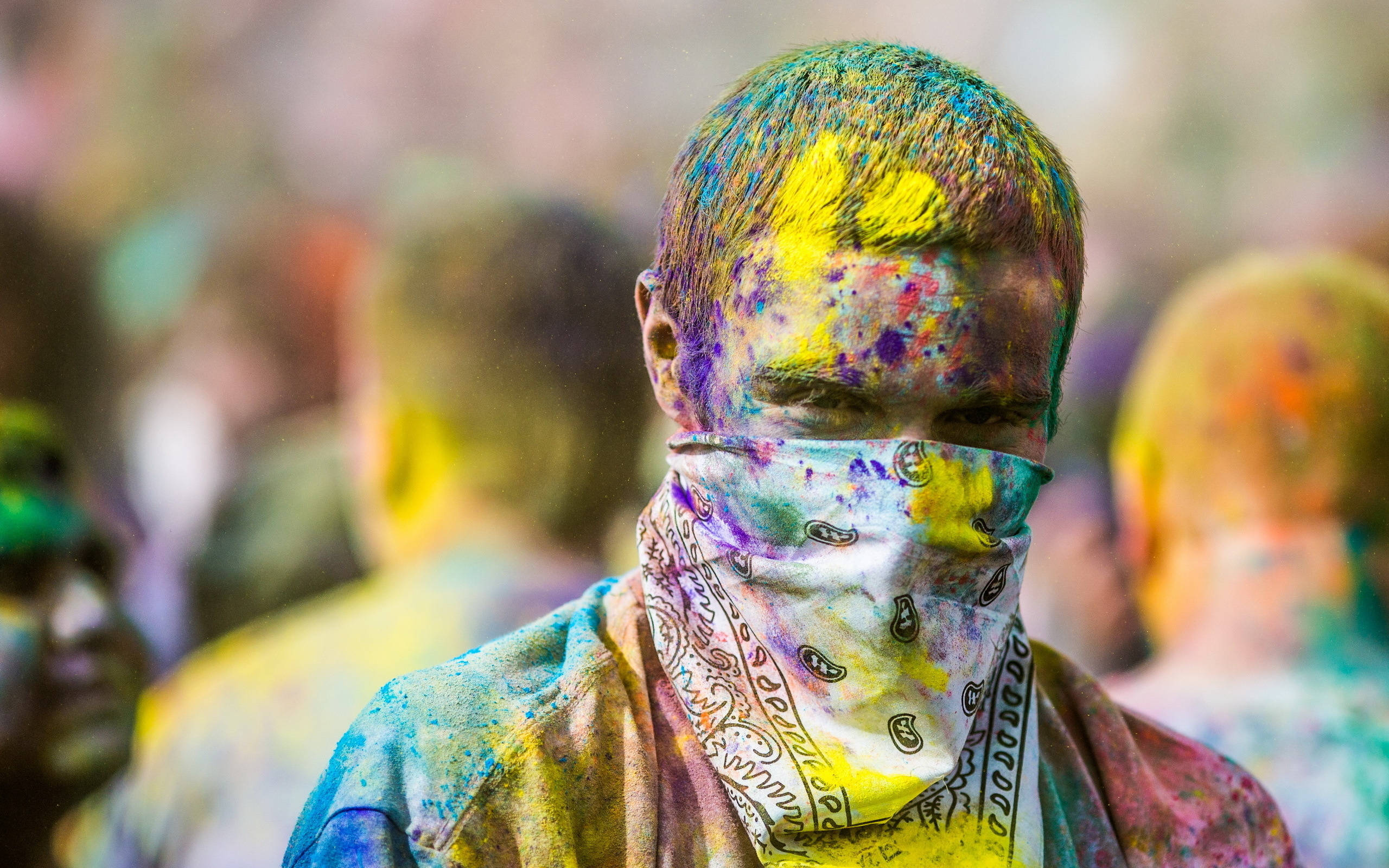 Holi, vibrant powdery colors, festive celebration, 2K Desktop Wallpaper