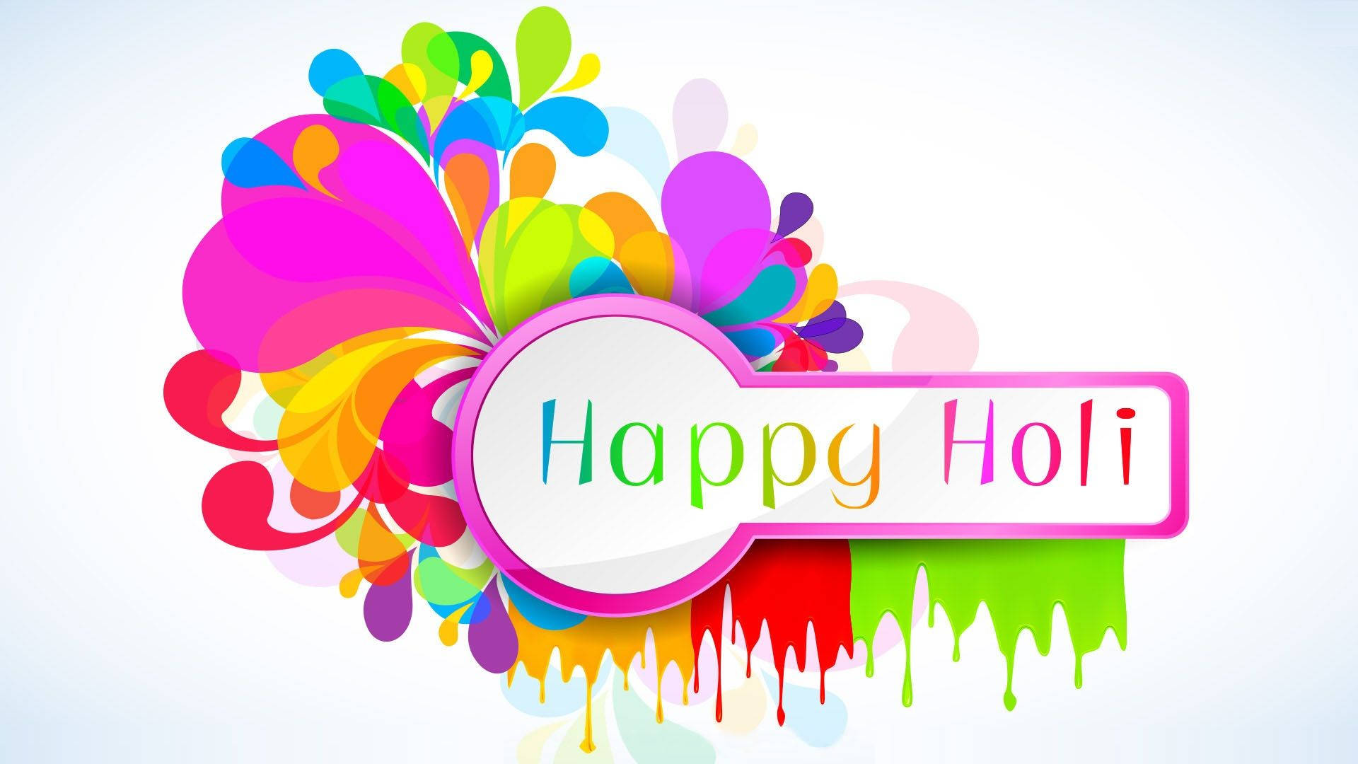 Happy Holi, rainbow colors, pink-bordered sign, Full HD Desktop Wallpaper