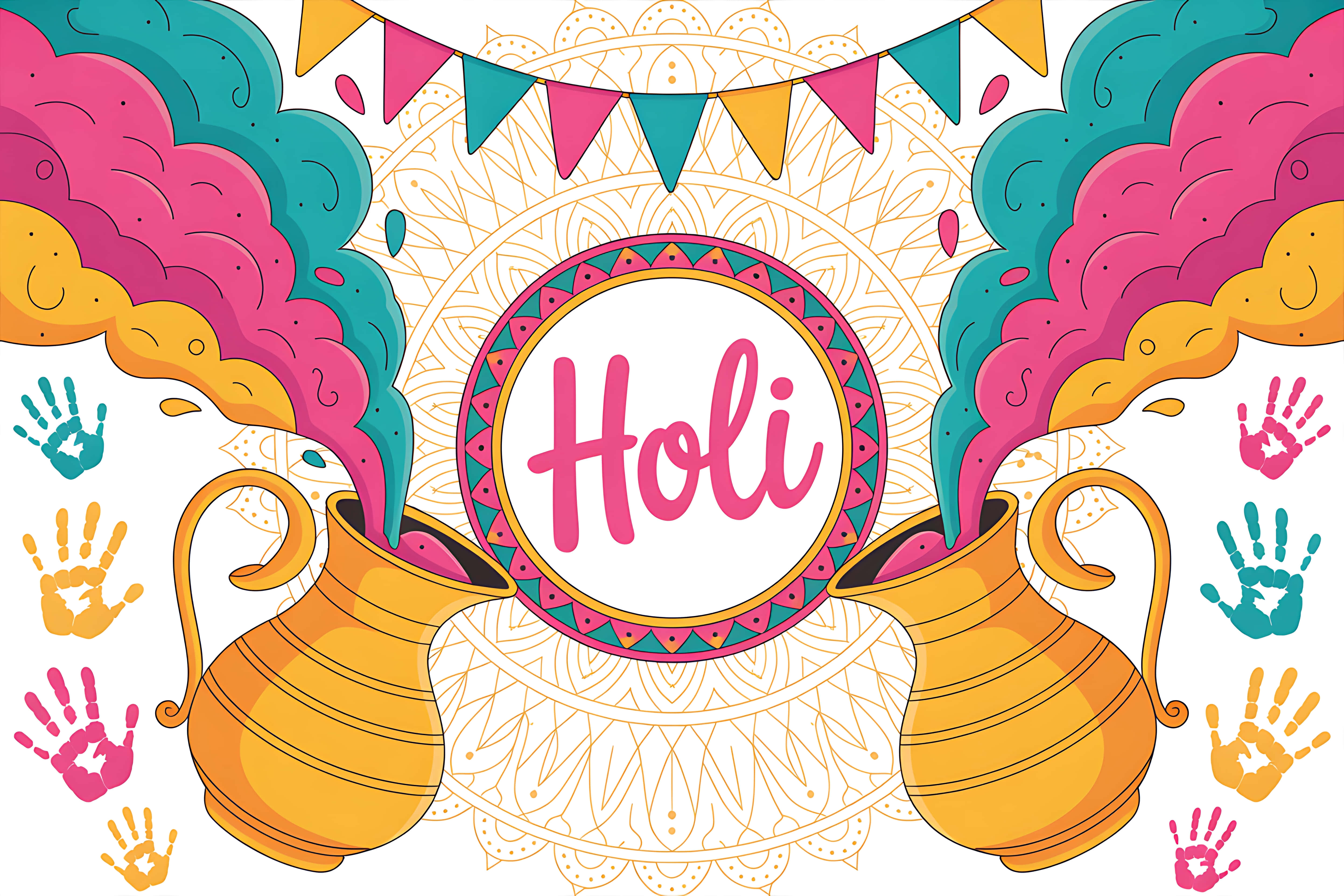 Holi, golden pots, colorful powder, 4K Desktop Wallpaper