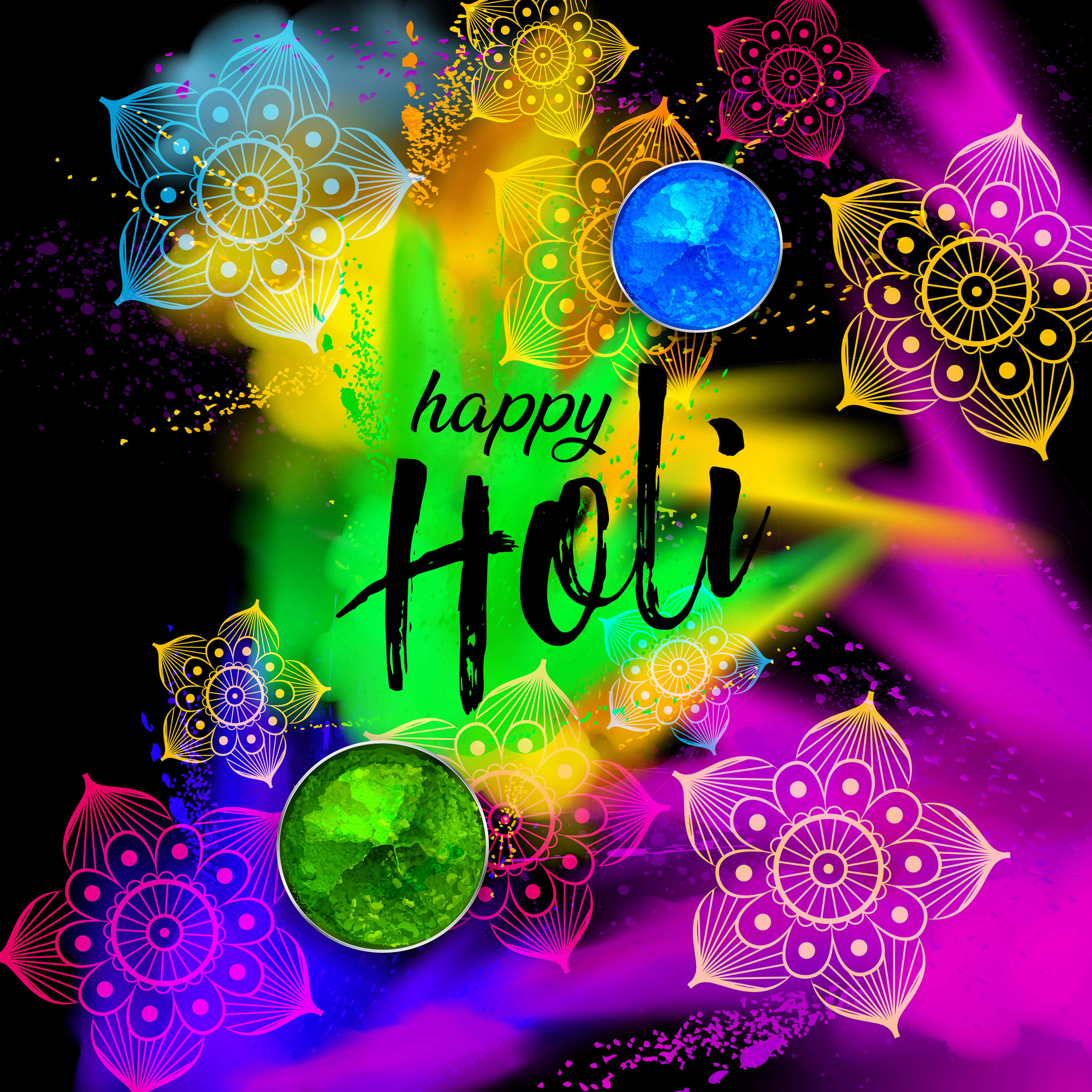 Holi, glowing mandalas, colorful powder bursts, 2K Phone Wallpaper