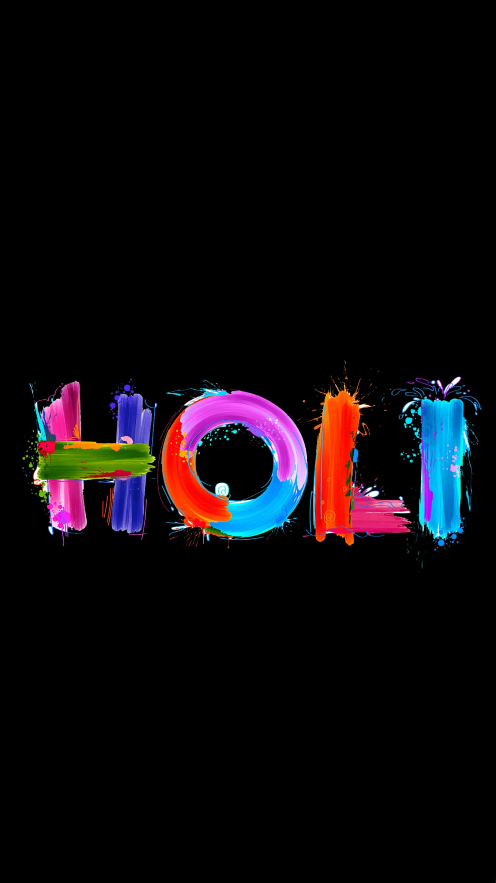 Holi, vibrant paint splatters, stark black background, 2K Phone Wallpaper