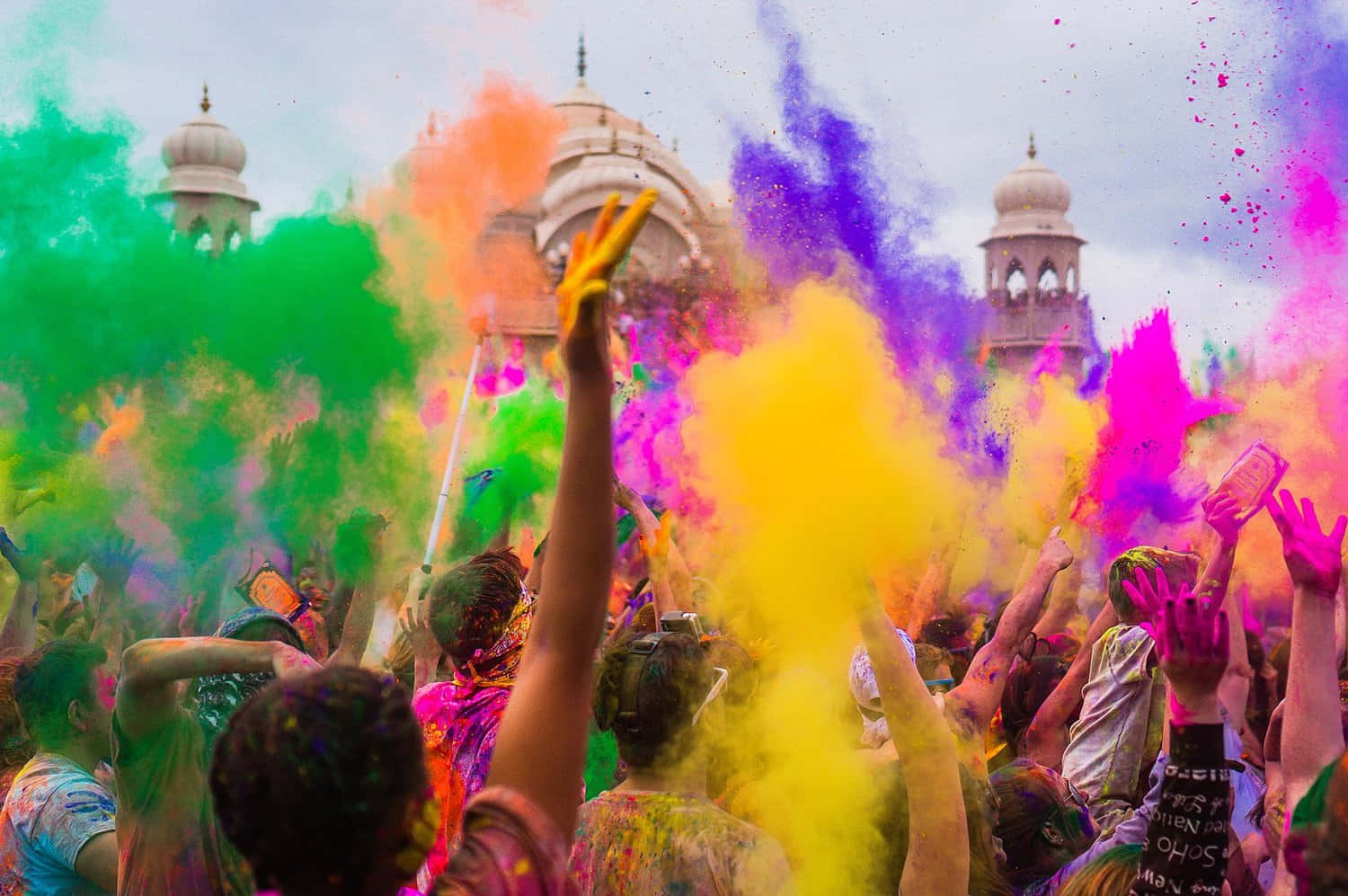 Holi, colorful powder explosions, historic domed temple, HD Desktop Wallpaper