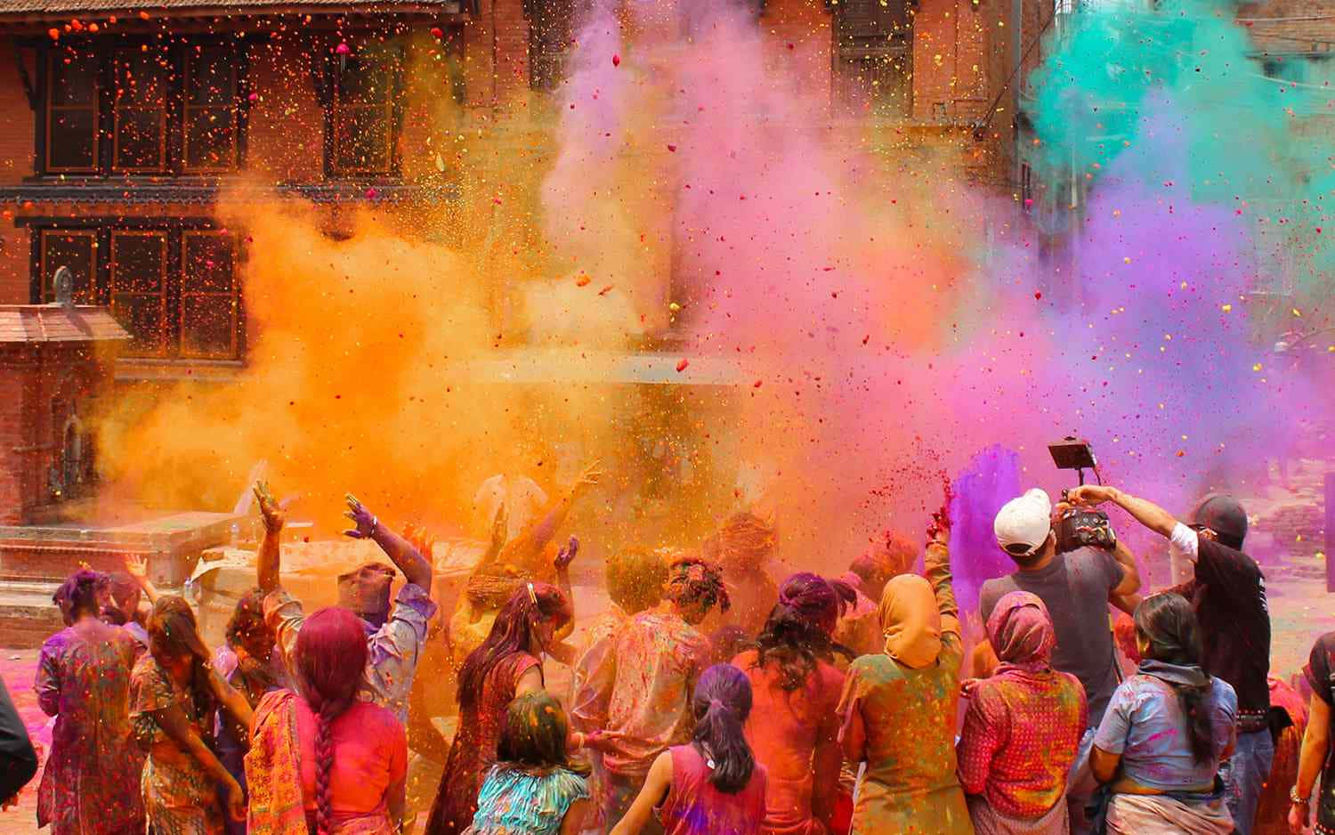 Holi, colored powder, festive street celebration, HD Desktop Wallpaper