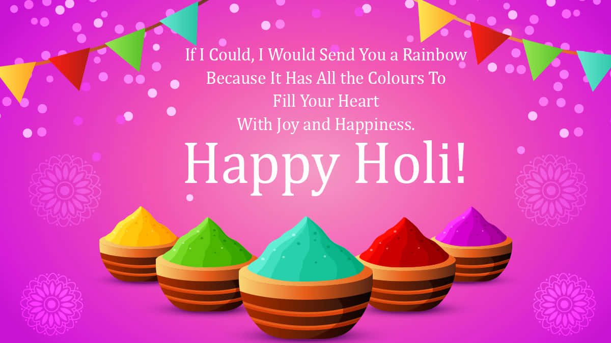 Holi, pink background, five colorful powder bowls, SD Desktop Wallpaper