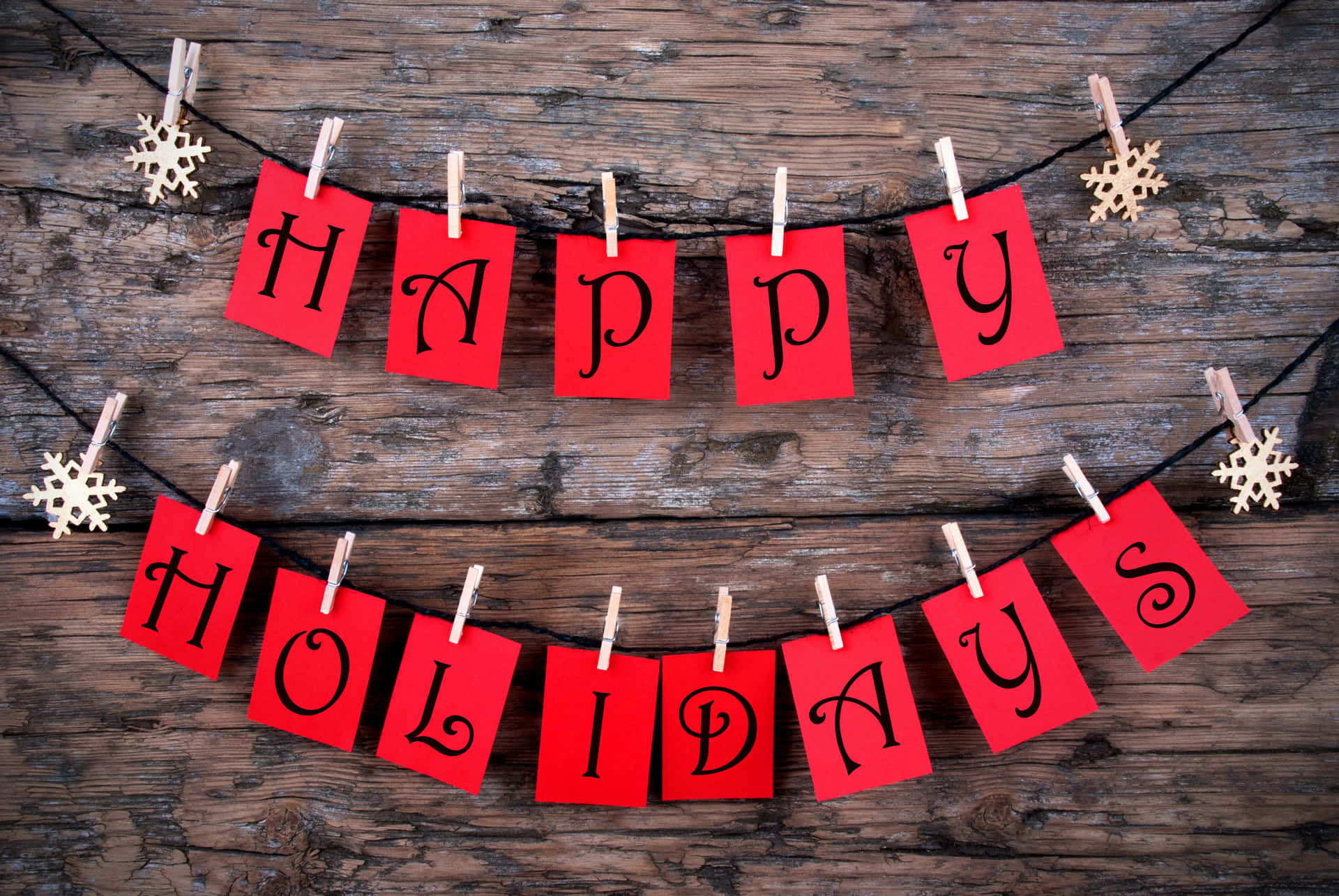HAPPY HOLIDAYS, red paper letters, black string, Full HD Desktop Wallpaper