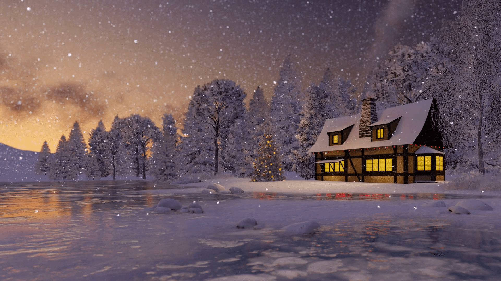 Christmas Eve, snow-covered cabin, frozen lake, Full HD Desktop Wallpaper