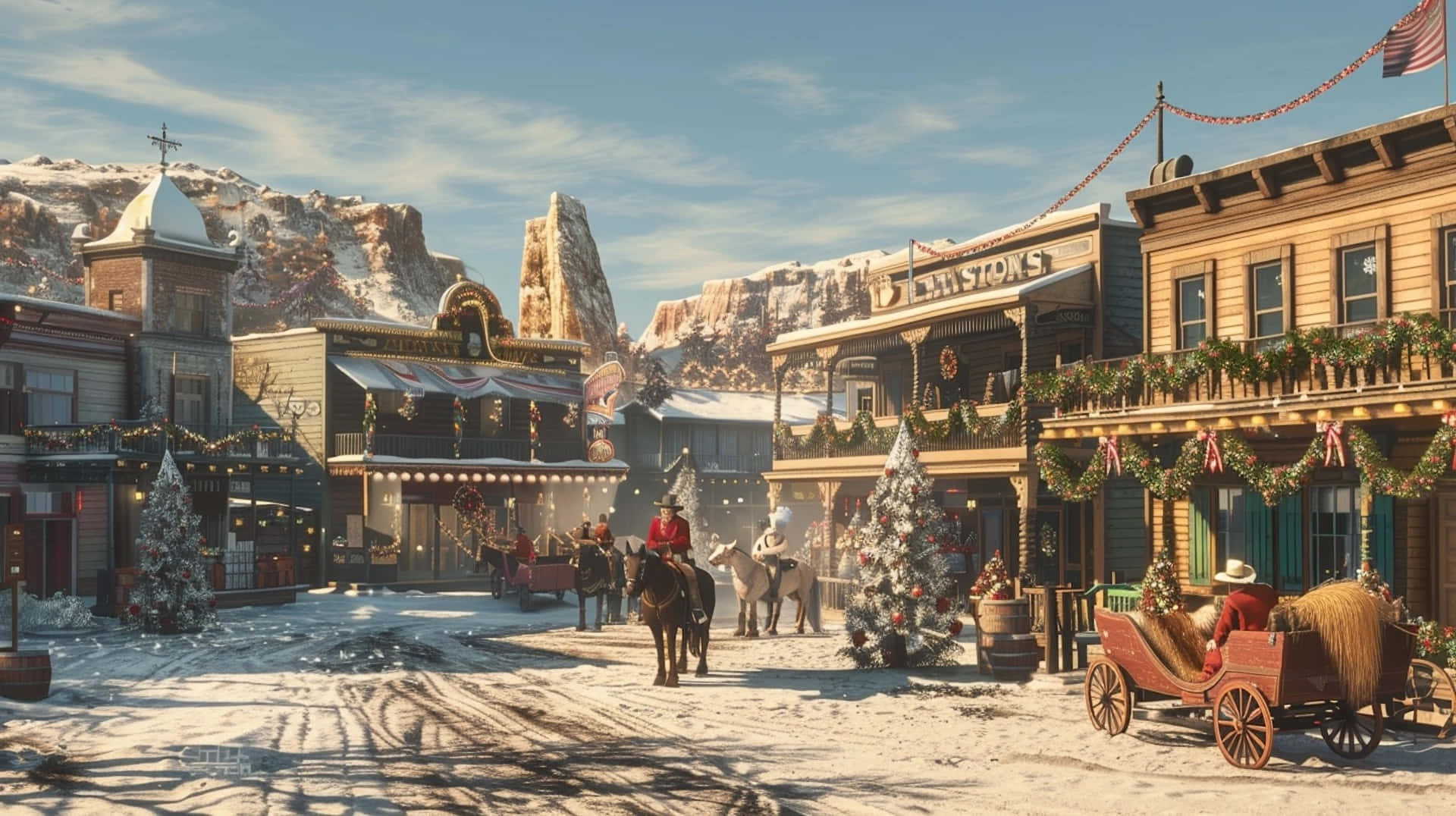 Old Western Town Christmas Celebration, snow, festive western town square, Full HD Desktop Wallpaper