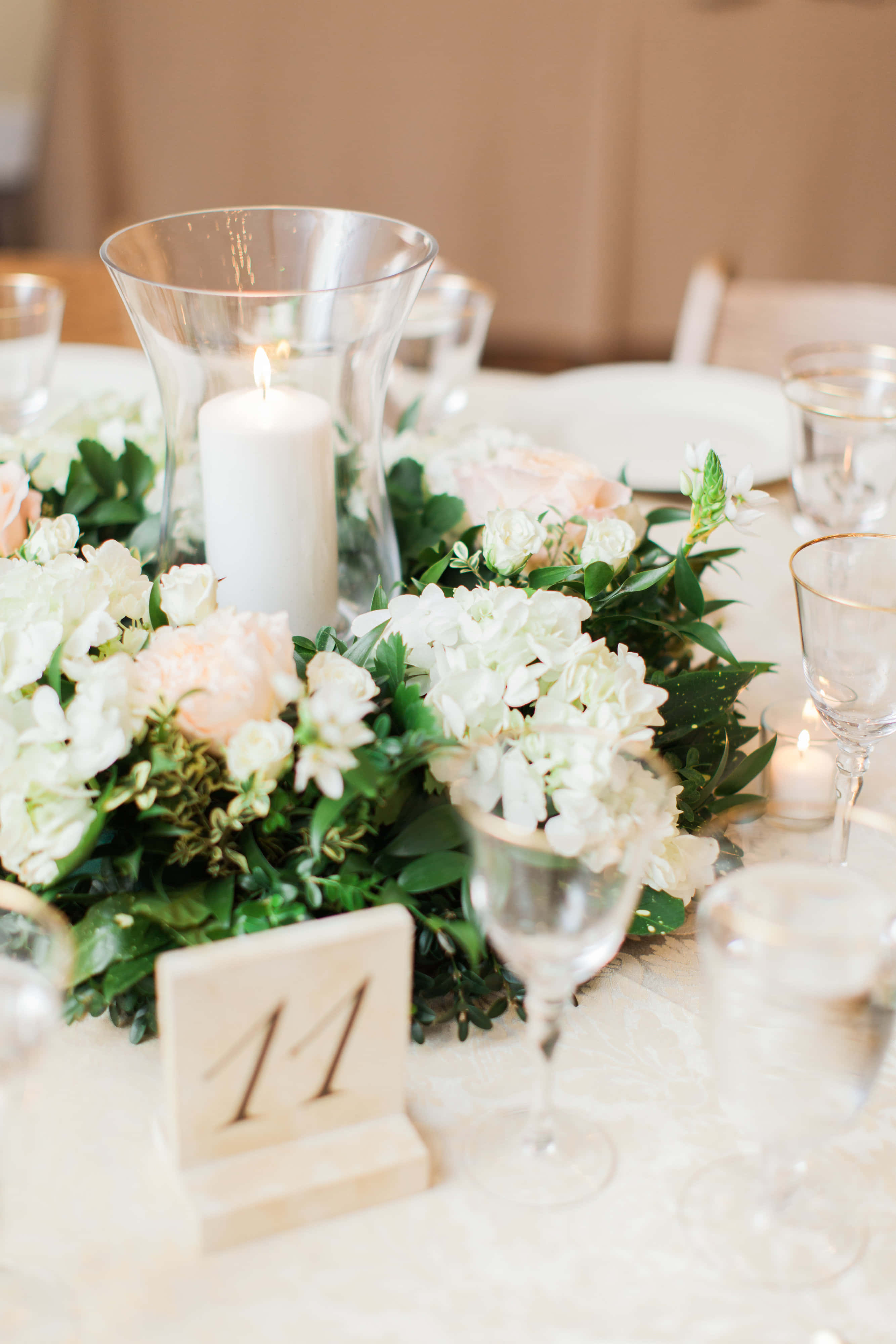 wedding table centerpiece, white and blush flowers, greenery, 4K Phone Wallpaper