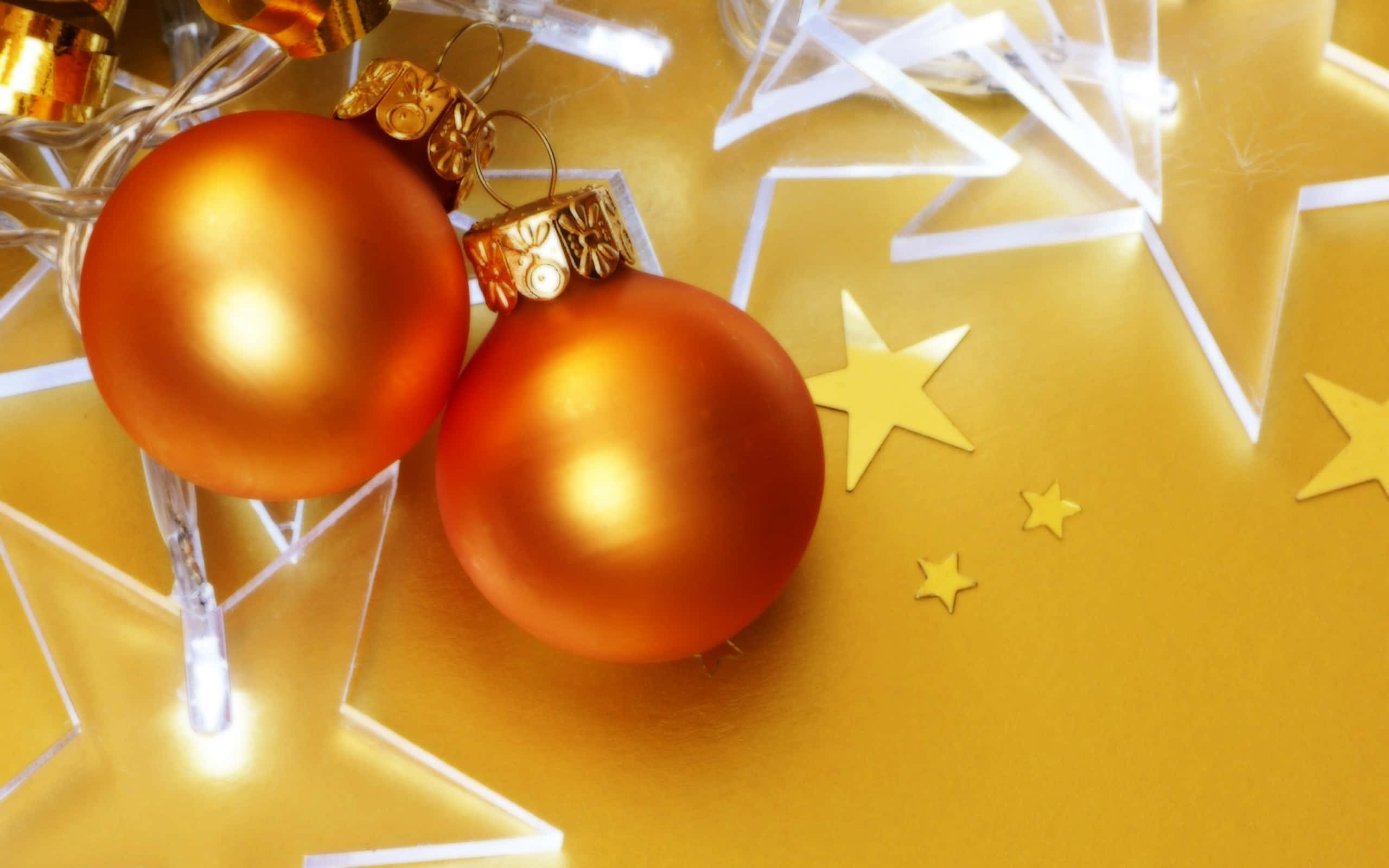 golden Christmas ornaments, gold caps, golden surface, 2K Desktop Wallpaper