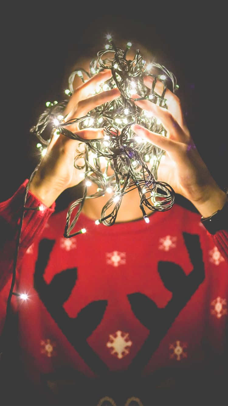 Holiday iPhone, red reindeer sweater, glowing string lights, HD Phone Wallpaper