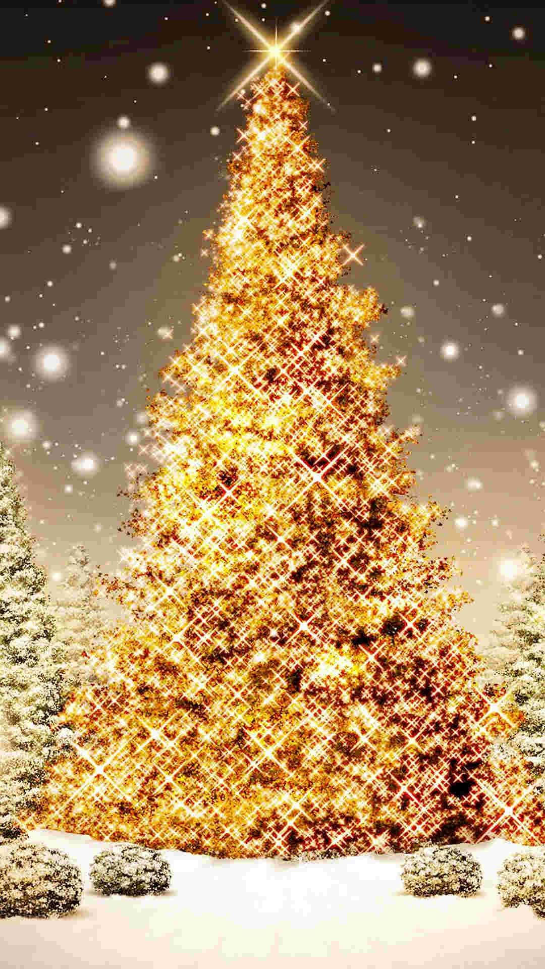Holiday iPhone, golden Christmas tree, bright lights, Full HD Phone Wallpaper