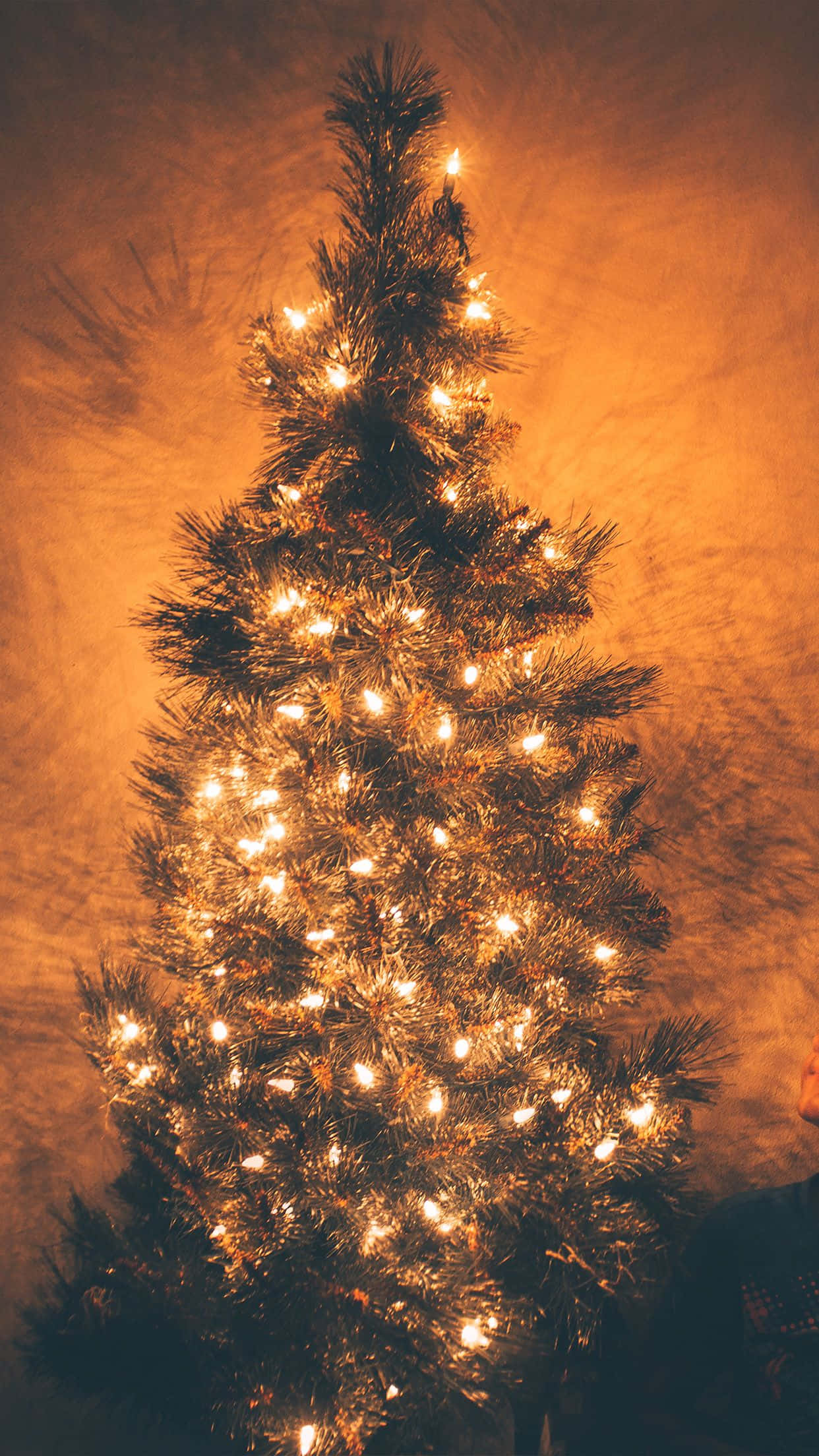 Christmas tree, glowing warm white lights, textured amber backdrop, Full HD Phone Wallpaper