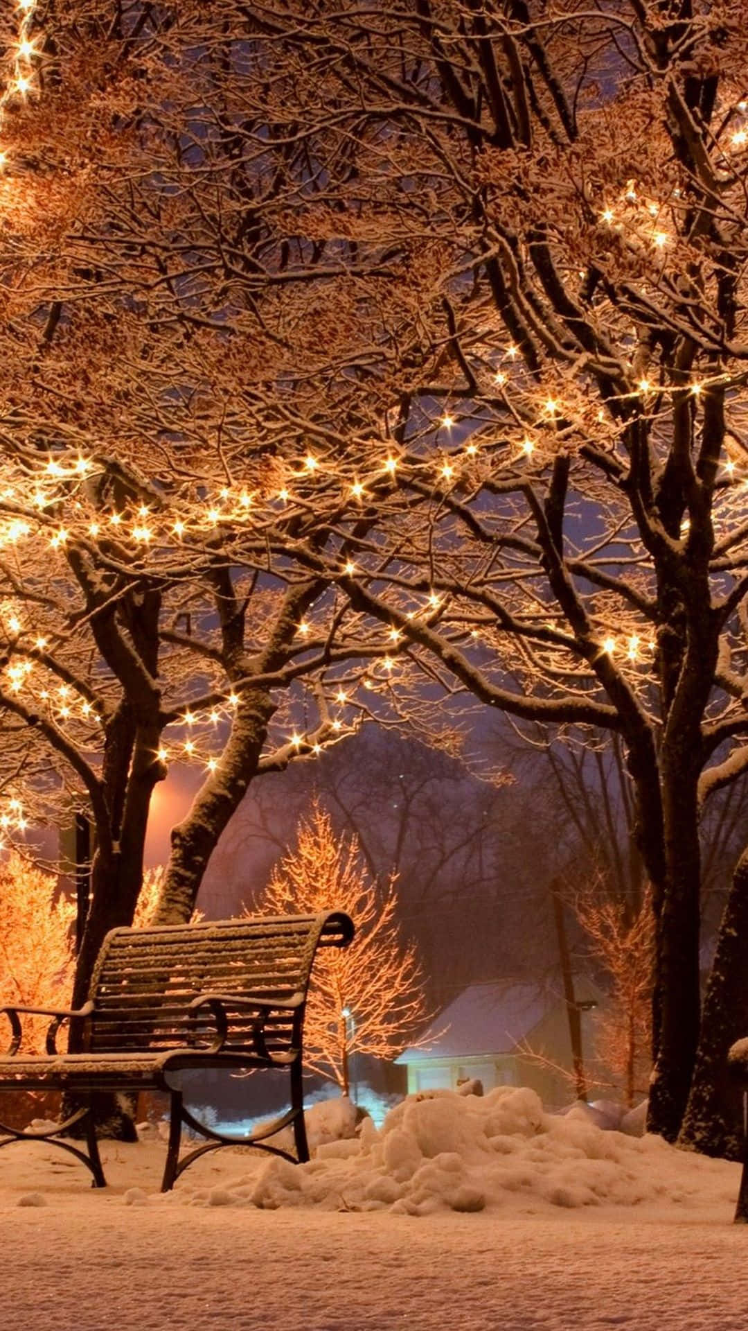 Holiday iPhone, snow-covered park bench, string lights, Full HD Phone Wallpaper
