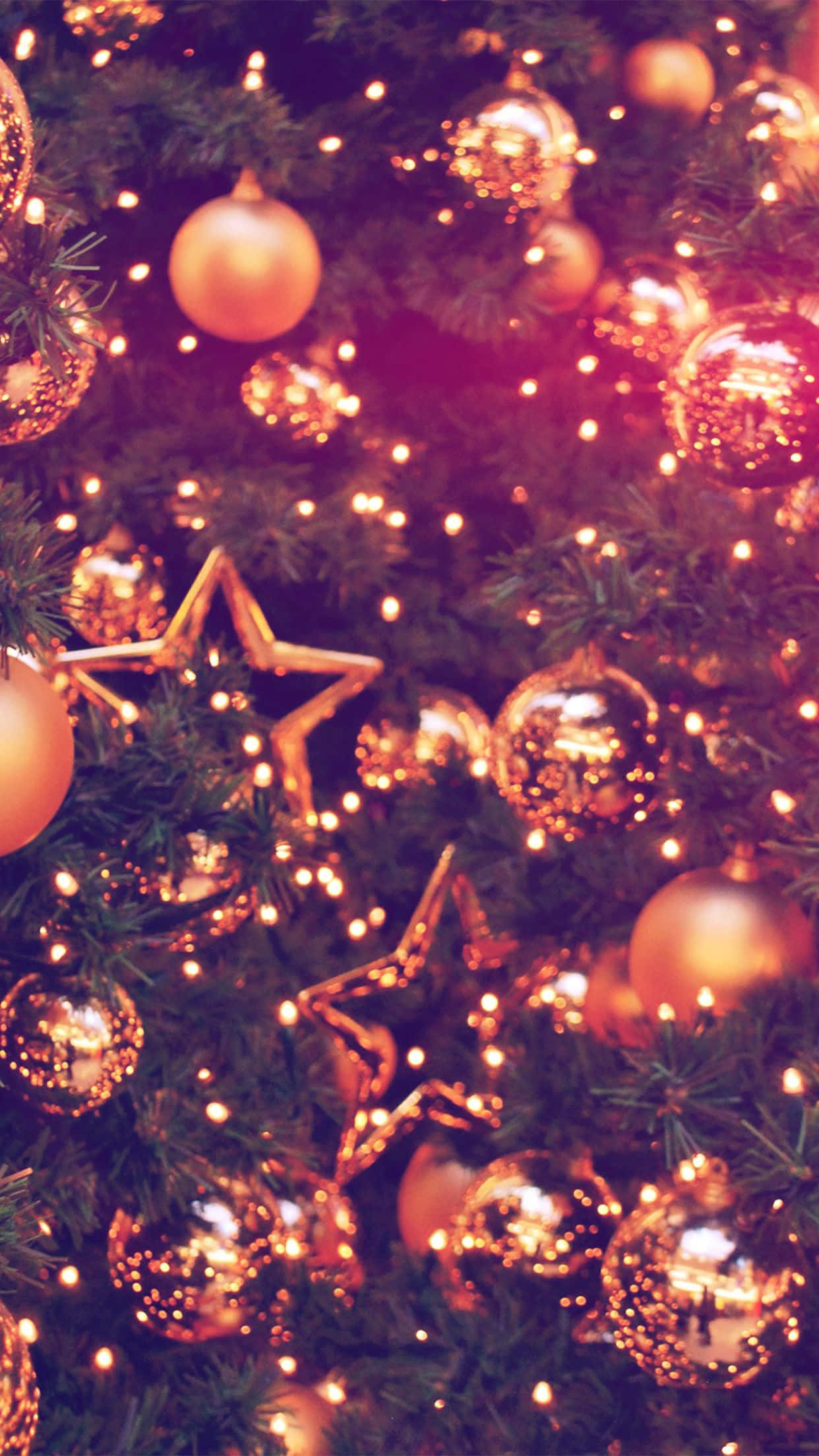 Christmas tree, golden ornaments, twinkling lights, Full HD Phone Wallpaper