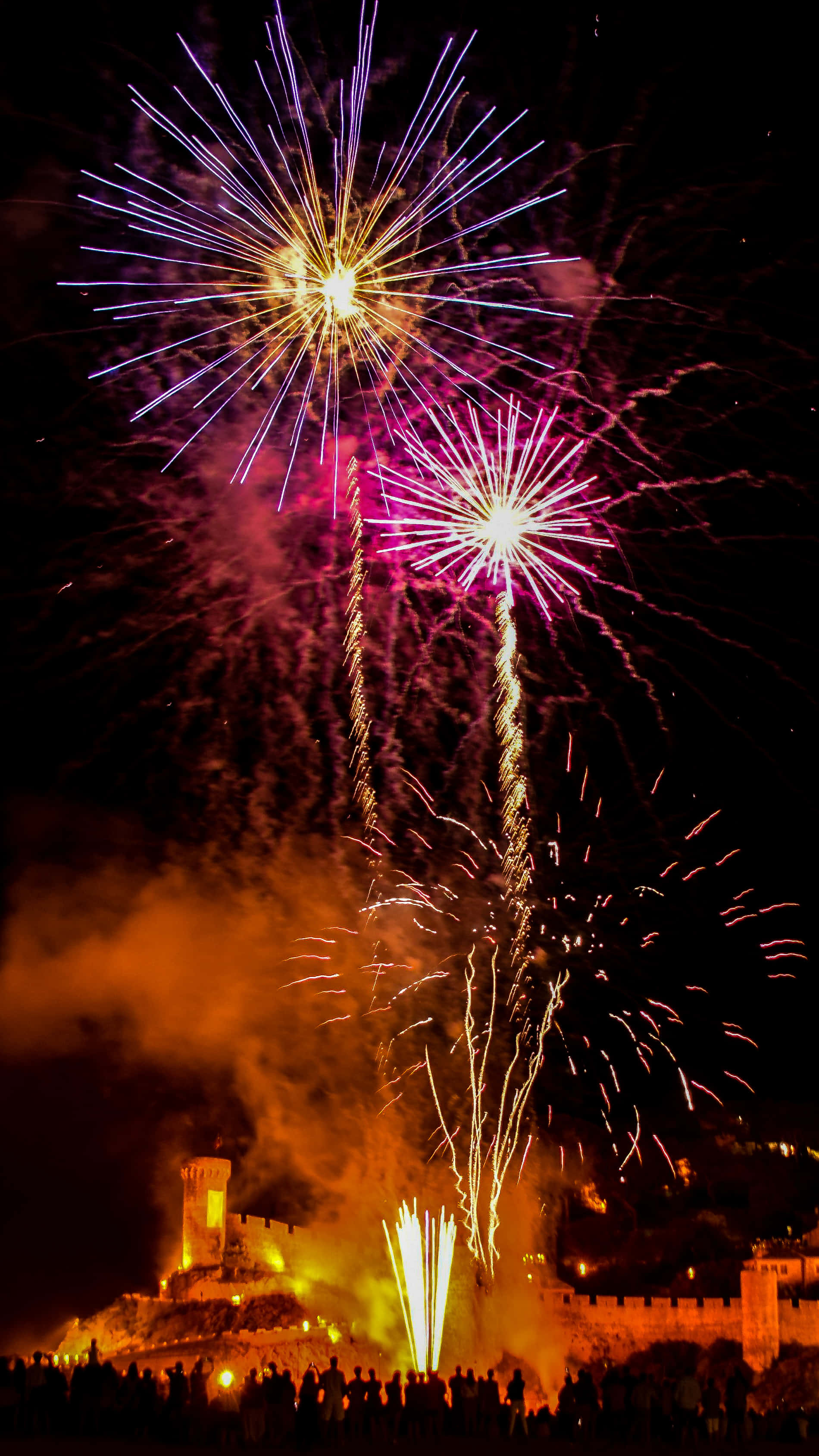fireworks, purple, gold, 2K Phone Wallpaper