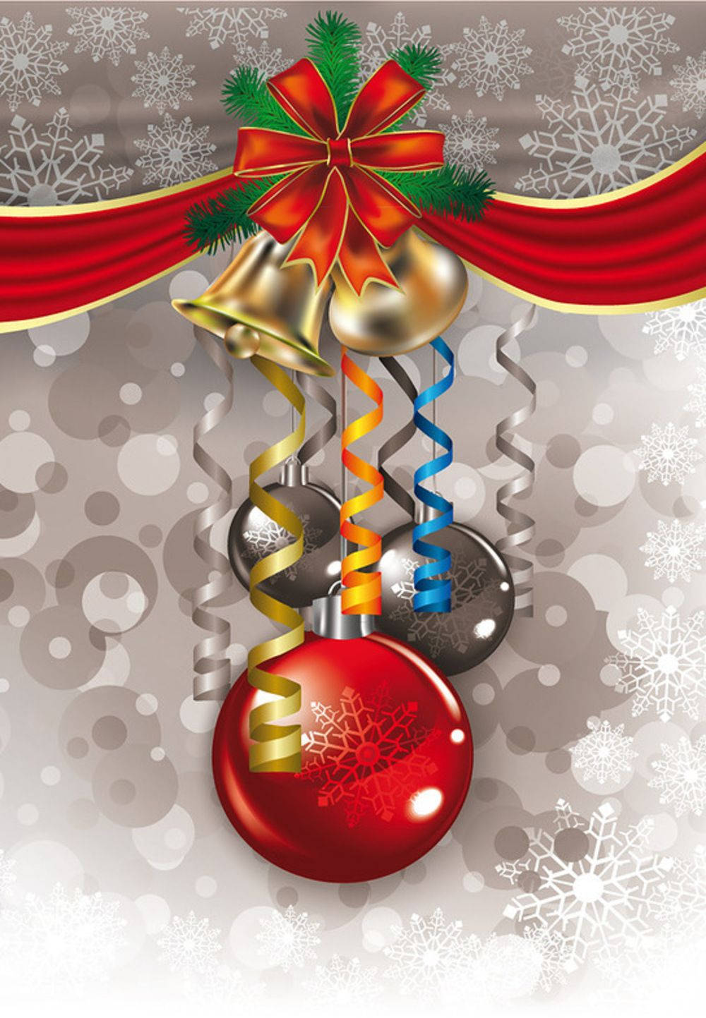 Christmas Holiday Ornaments, red bow, golden bells, HD Phone Wallpaper