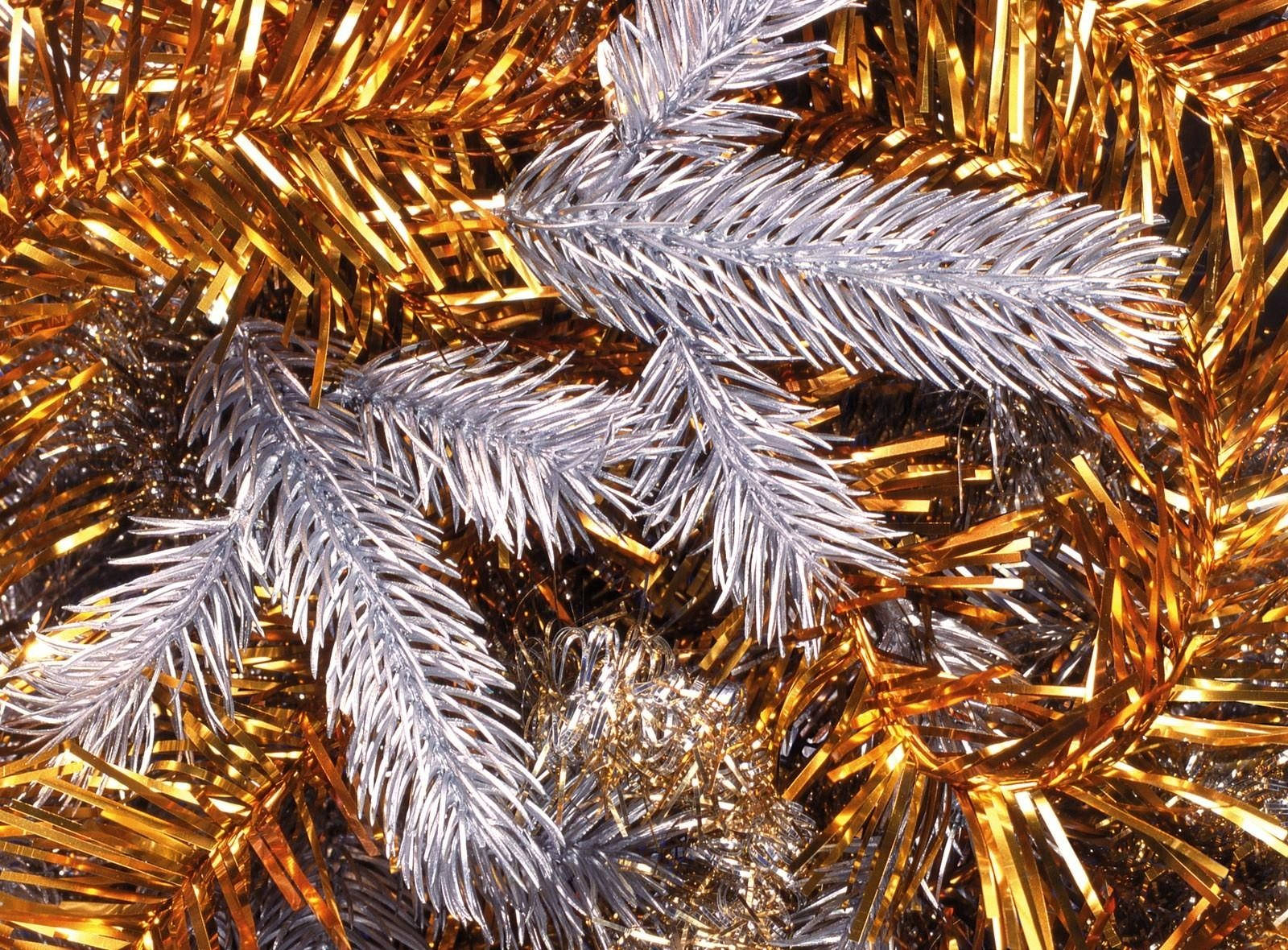 silver pine branches, glittering gold tinsel, festive holiday texture, HD Desktop Wallpaper