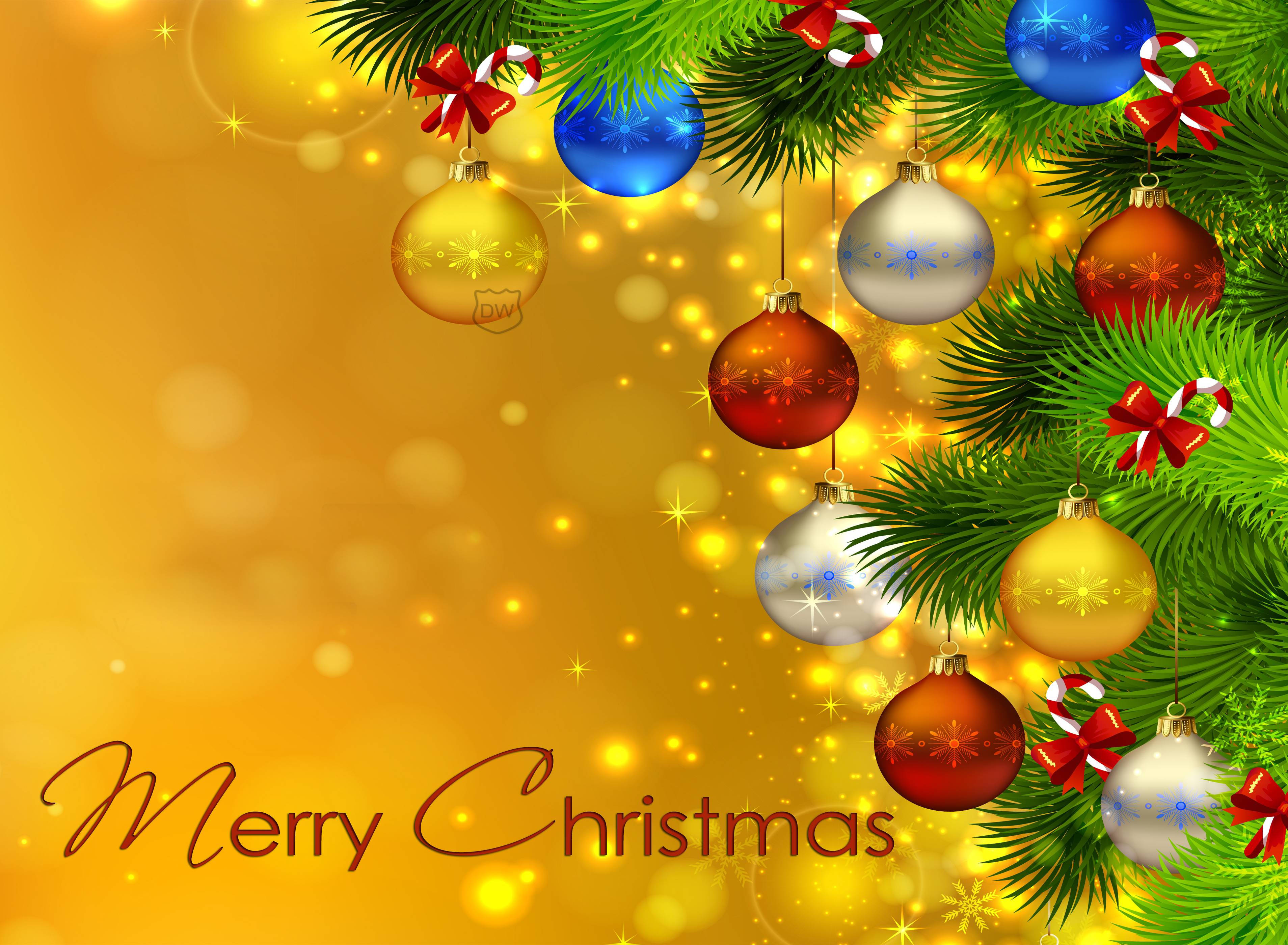 Merry Christmas, golden background, Christmas ornaments, 2K Desktop Wallpaper