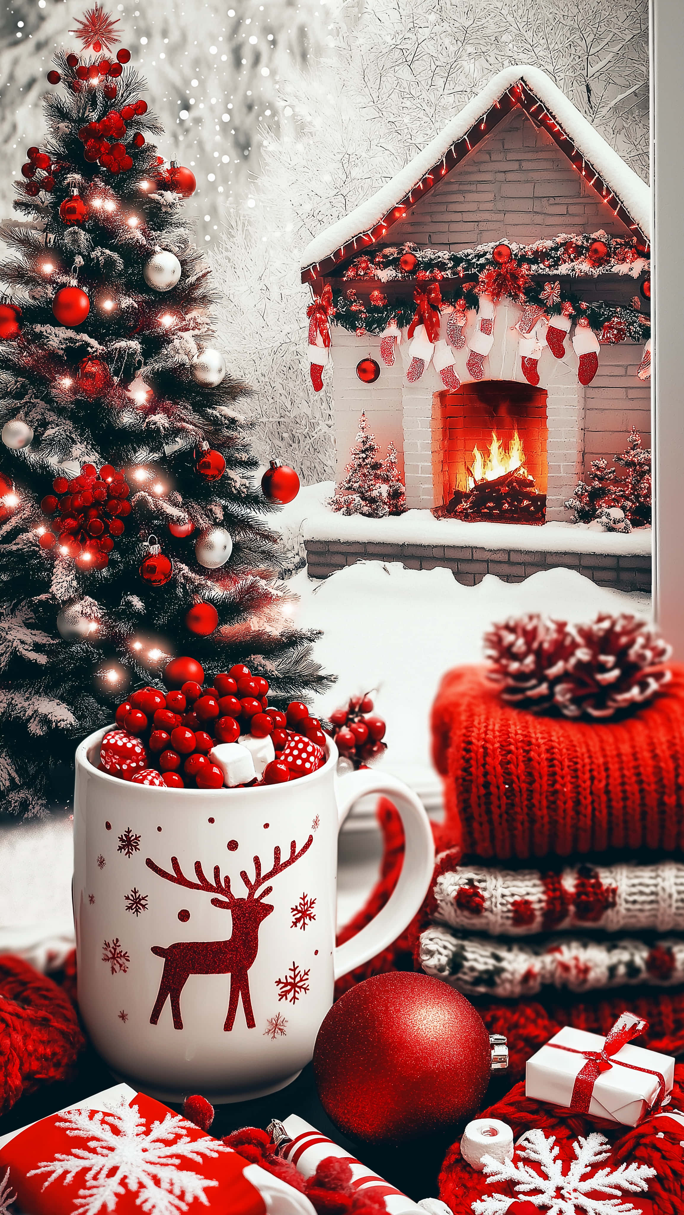 snow-covered house, lit fireplace, stockings, 4K Phone Wallpaper