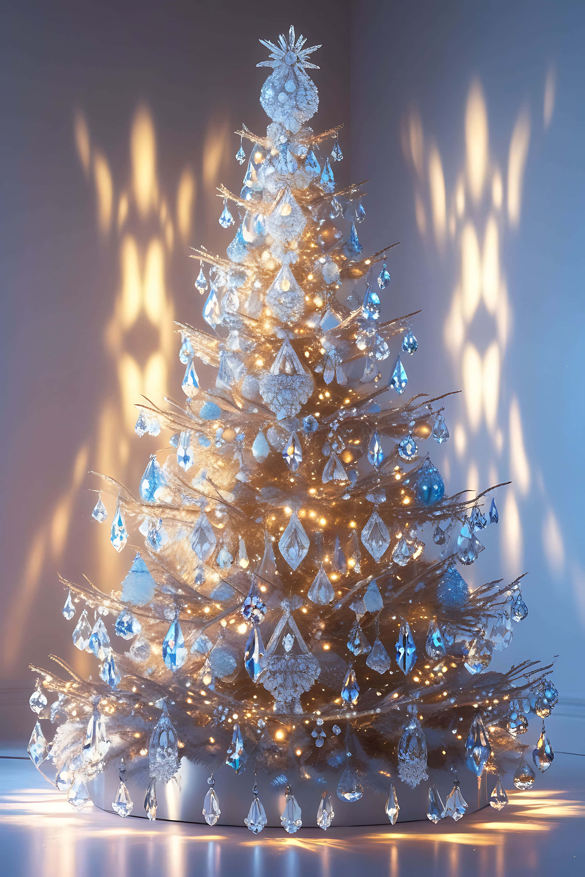 elegant crystal christmas tree, blue crystal ornaments, warm golden lights, 2K Phone Wallpaper