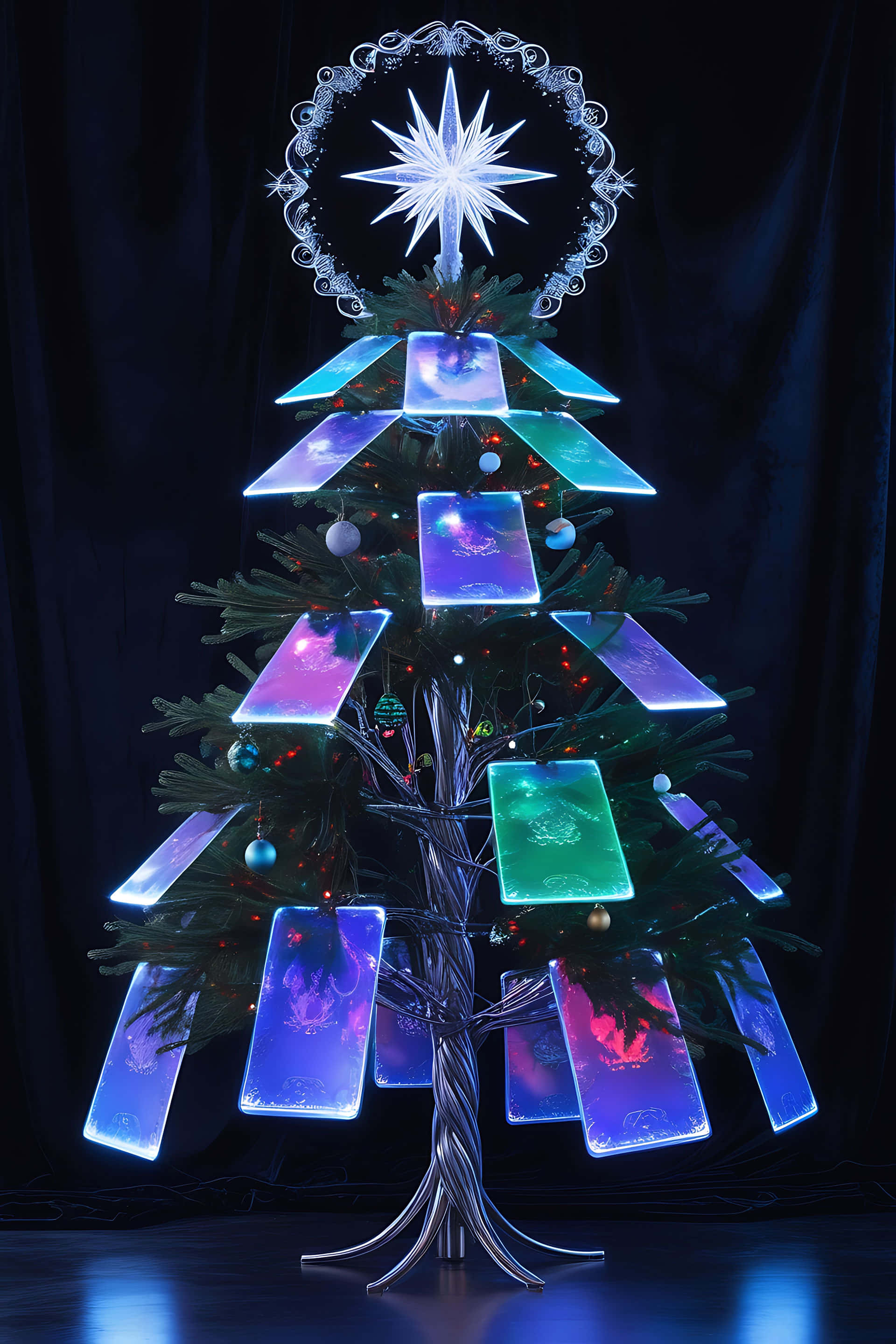 modern illuminated christmas tree, glowing rectangular screens, cosmic nebulae, 2K Phone Wallpaper