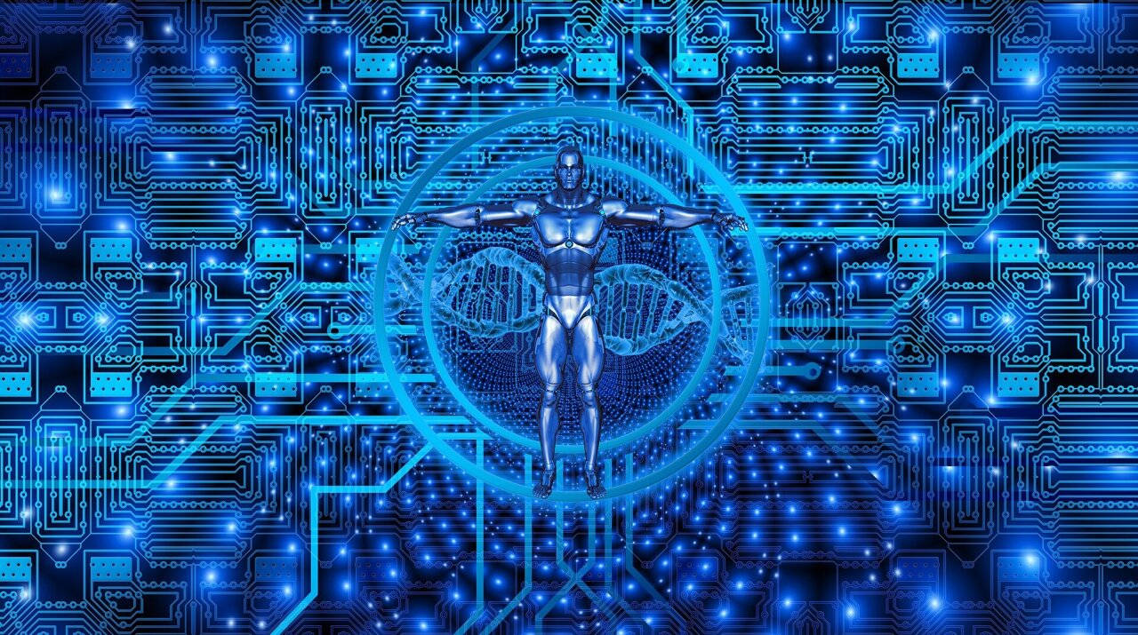 Holistic, metallic humanoid figure, glowing blue circuitry, HD Desktop Wallpaper