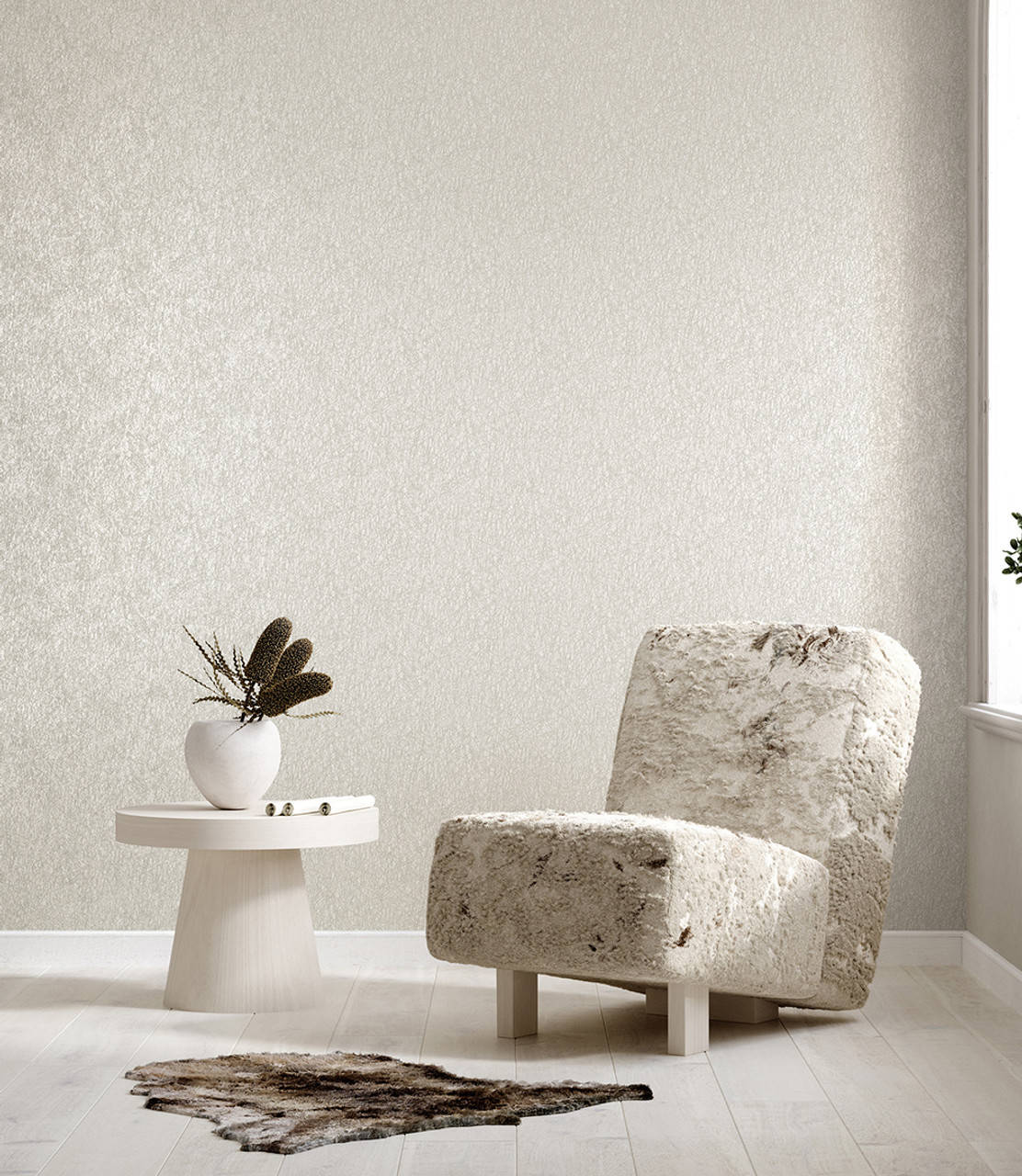 textured beige wallpaper, stone-like armchair, white side table, HD Phone Wallpaper