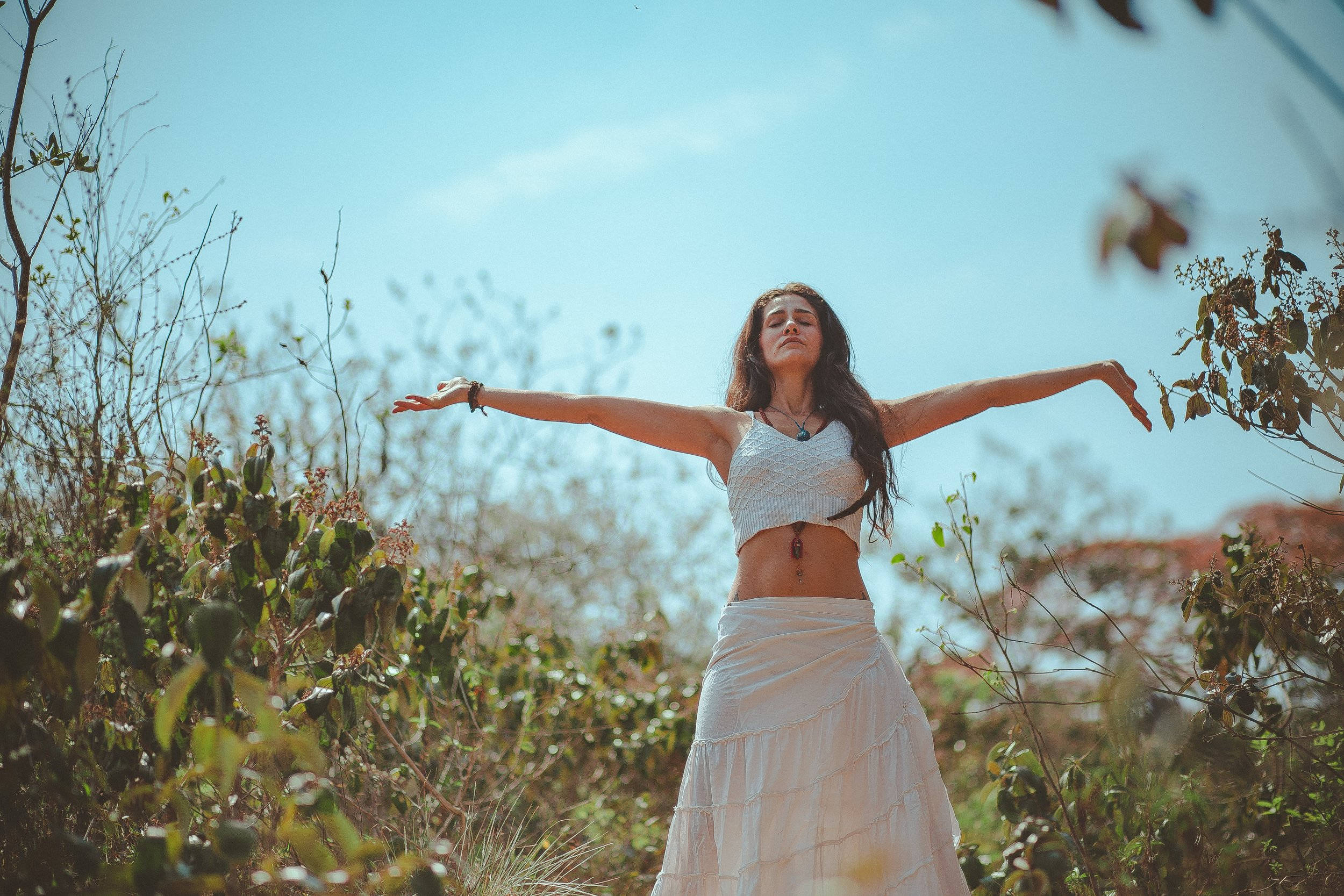 woman, white clothing, clear blue sky, Full HD Desktop Wallpaper
