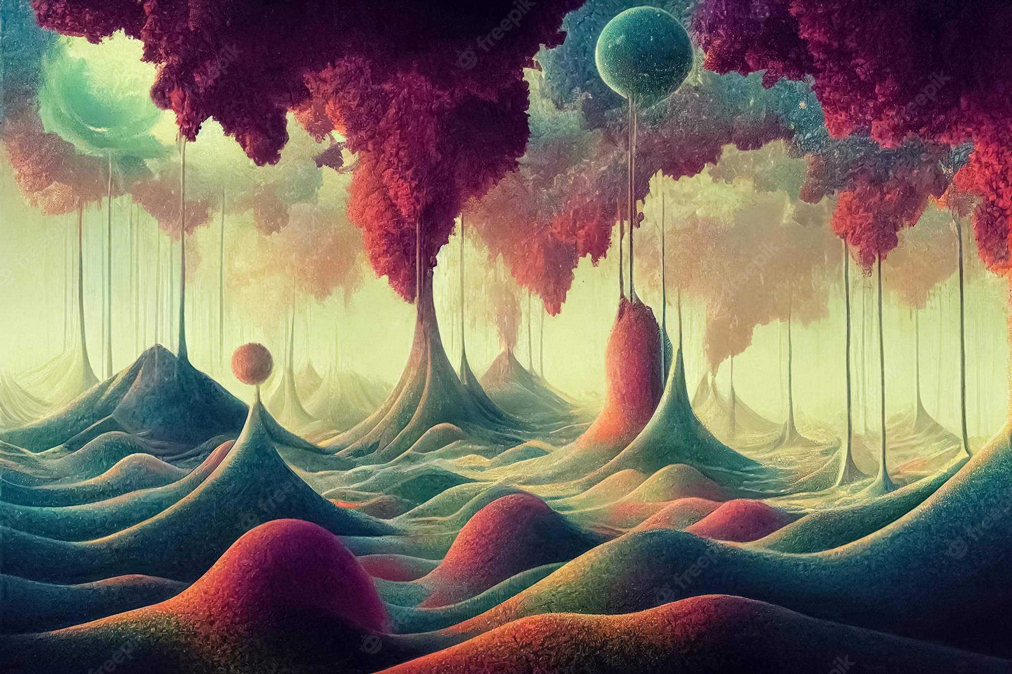 Holistic Artwork, glowing pink and teal trees, rolling hills, Full HD Desktop Wallpaper