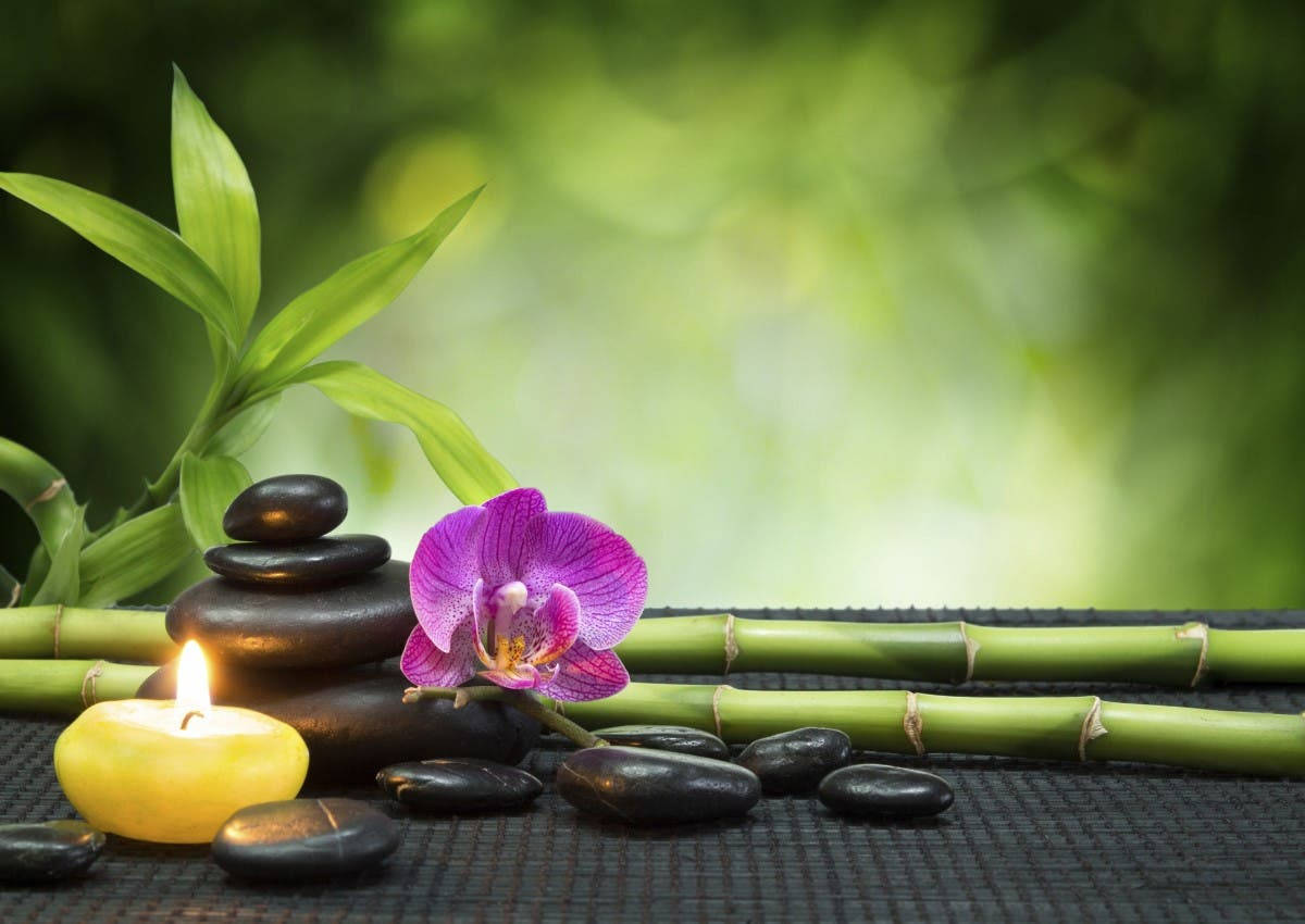 Holistic Spa, black stones, glowing candle, SD Desktop Wallpaper