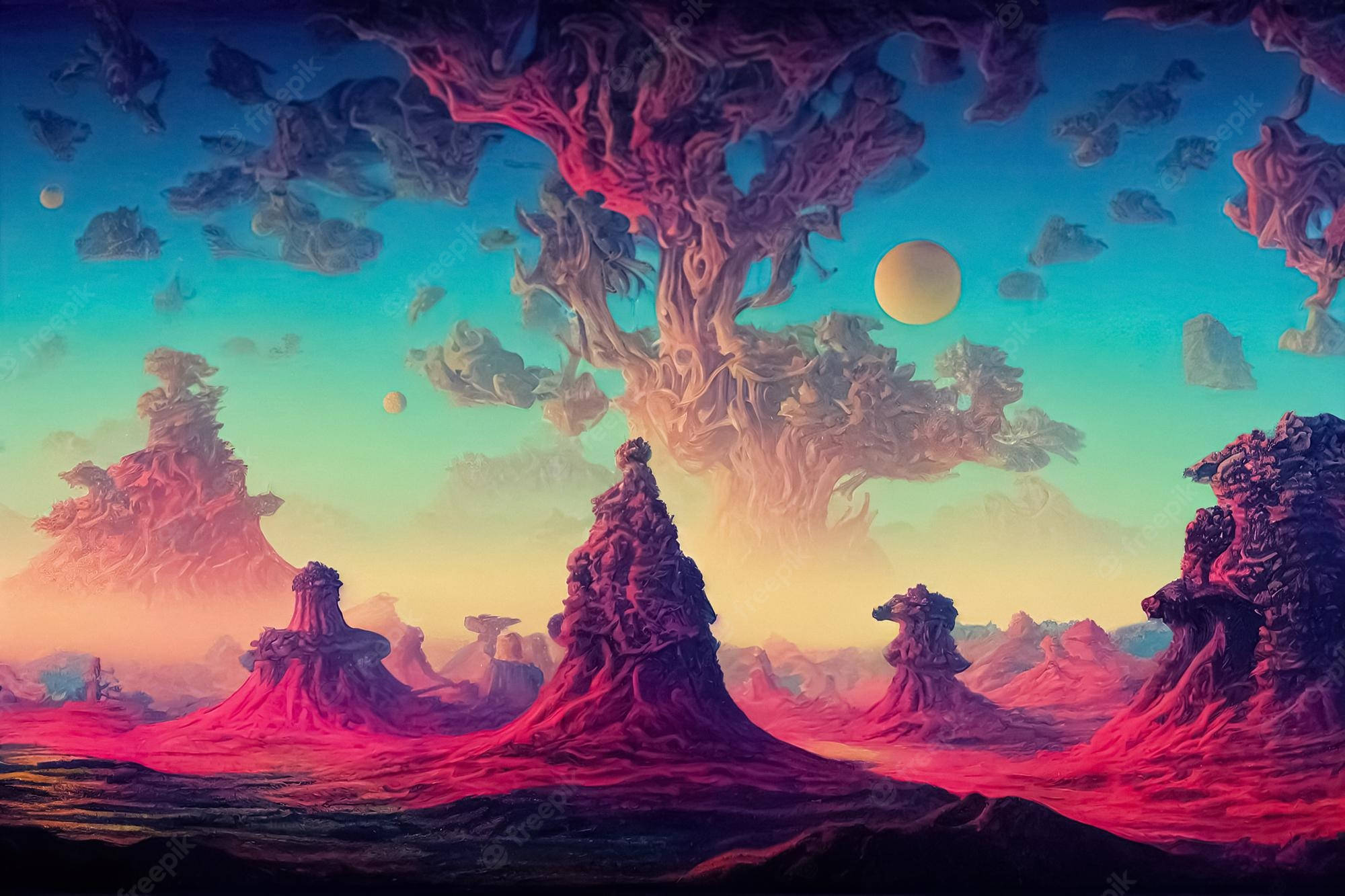 Holistic Nature Artwork, glowing pink rock formations, colossal tree-like structure, Full HD Desktop Wallpaper