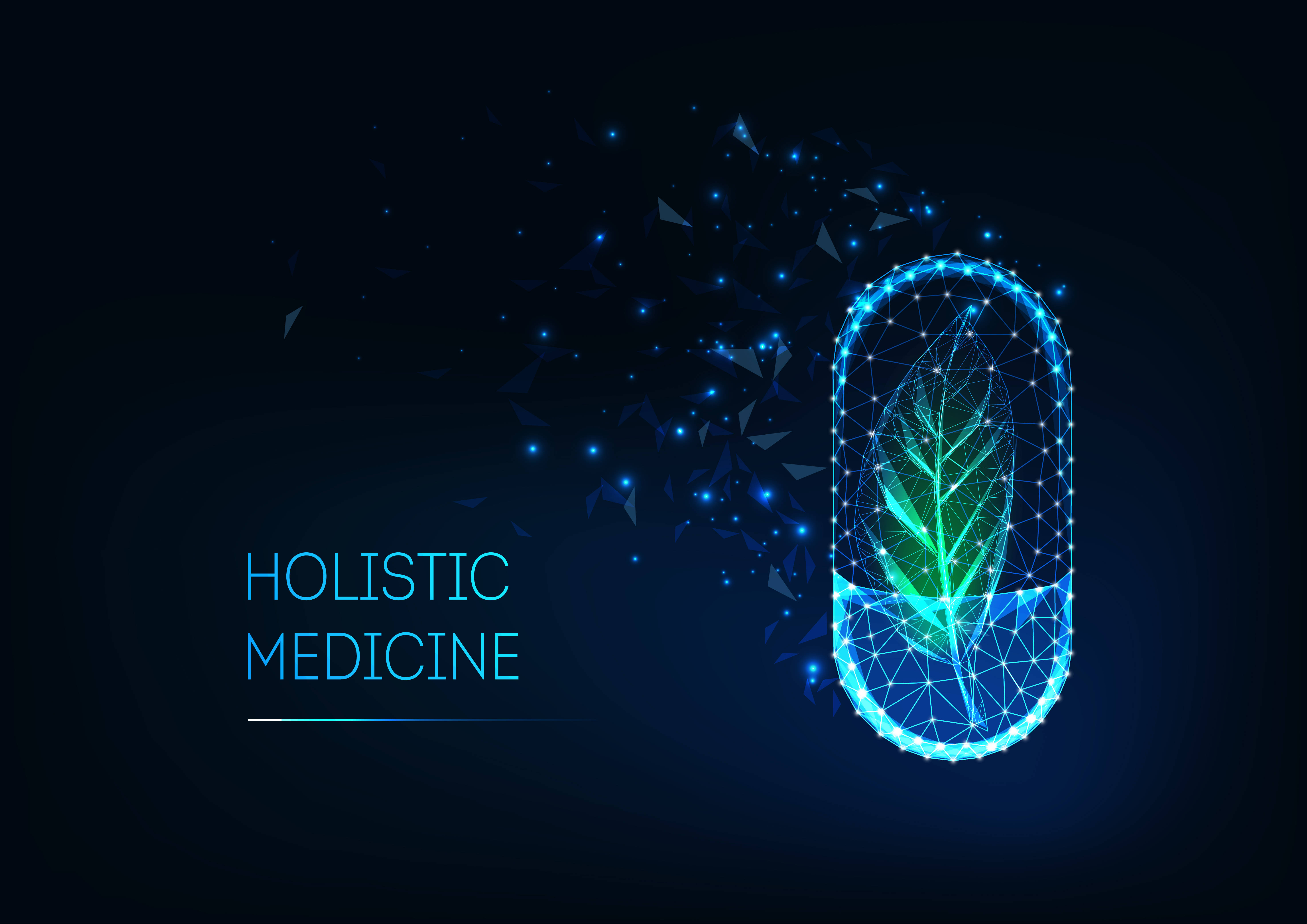 glowing blue polygonal capsule, green leaf, digital particles, 5K Desktop Wallpaper