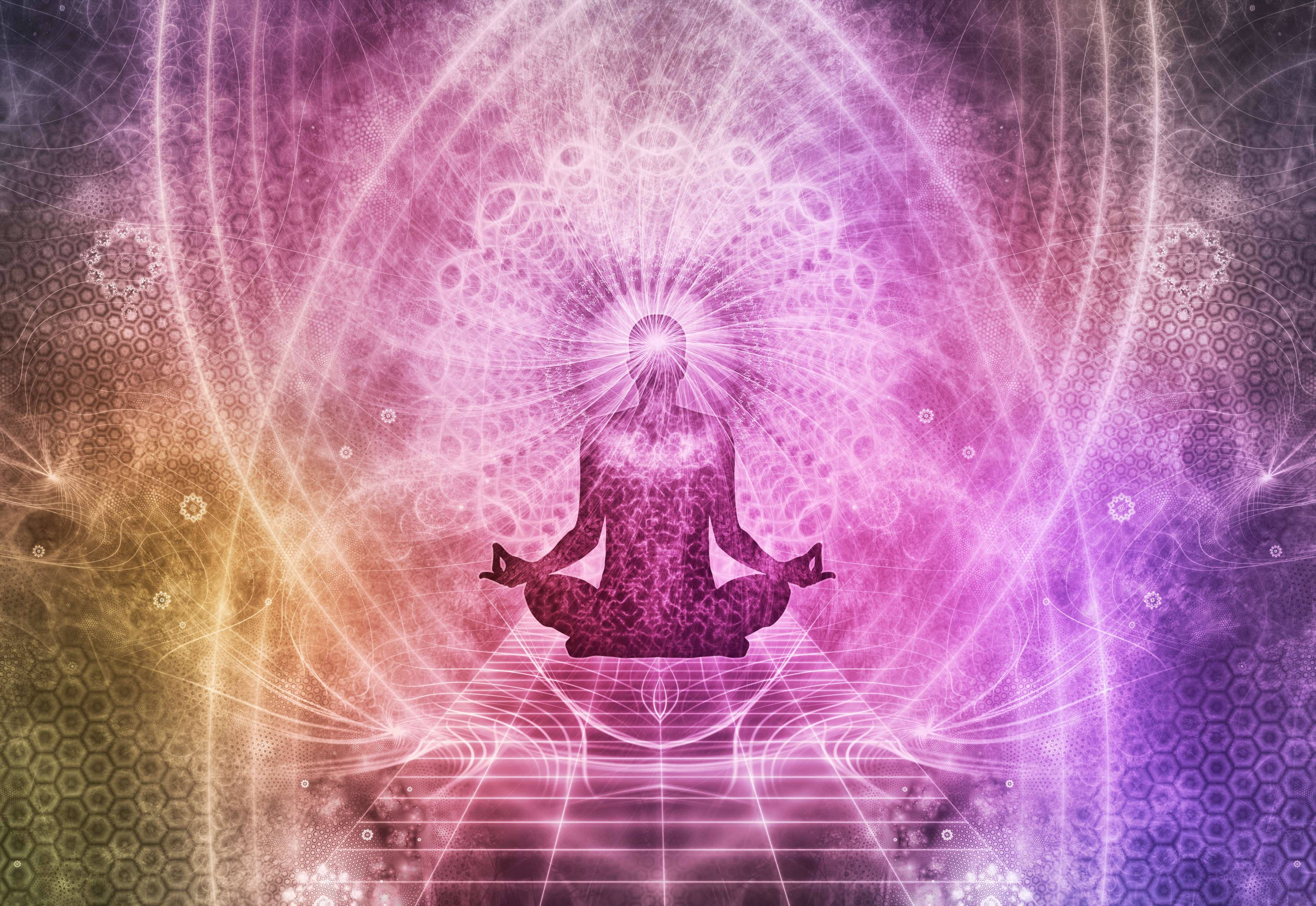 Holistic Meditation, lotus pose, glowing fractal patterns, 4K Desktop Wallpaper