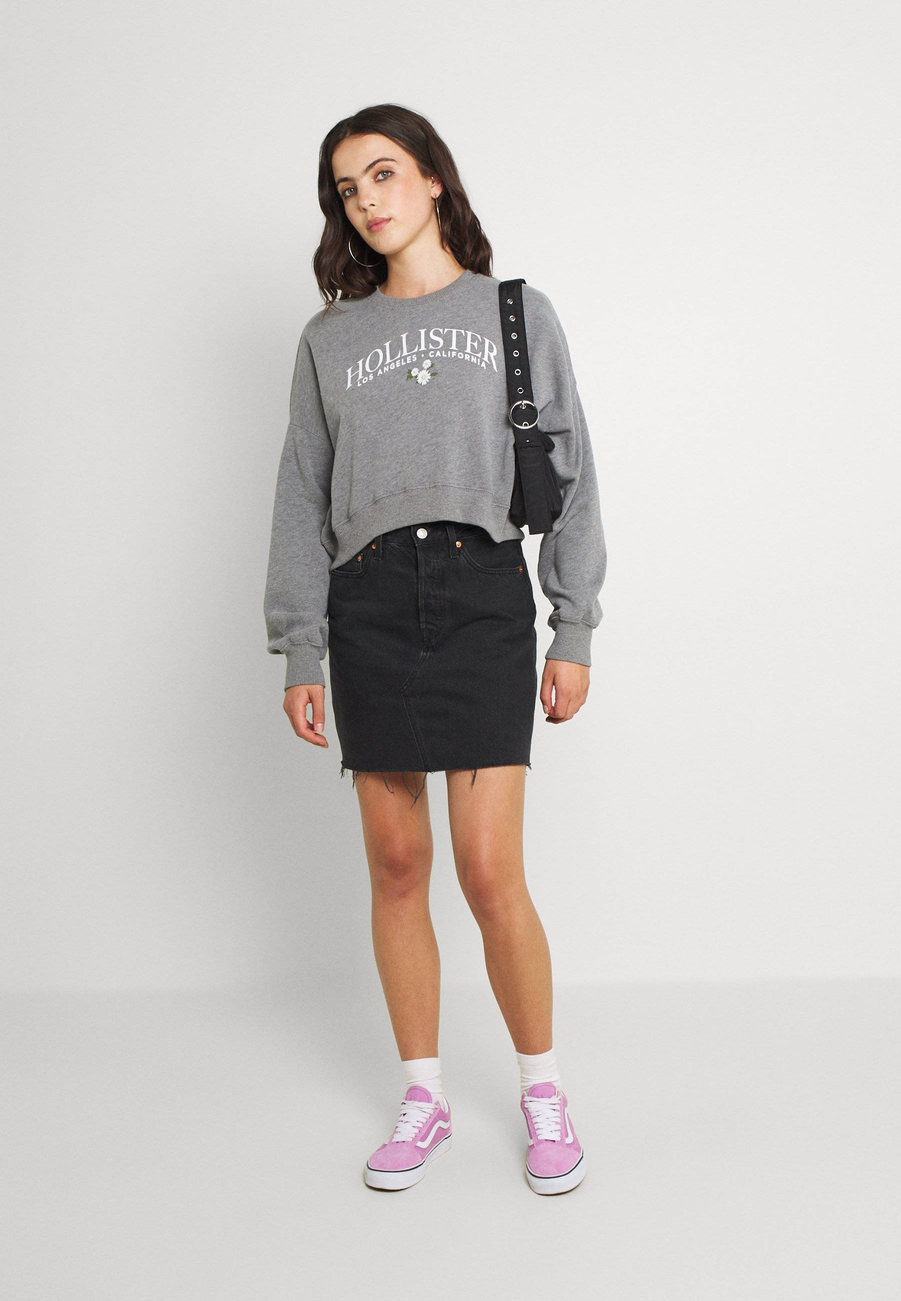 Hollister, dark grey sweatshirt, black denim skirt, 2K Phone Wallpaper