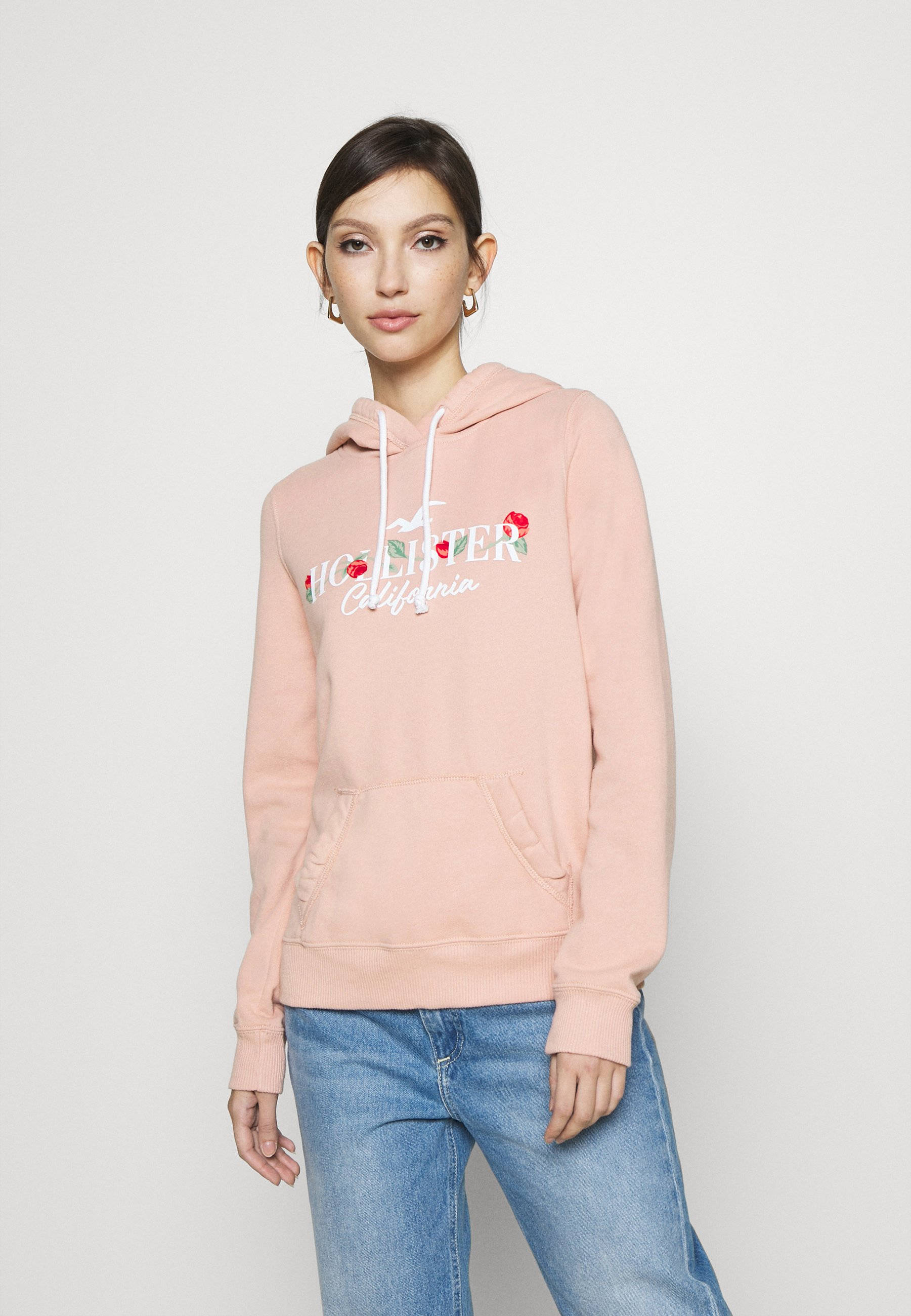 Hollister, red flowers, soft pink hoodie, 2K Phone Wallpaper