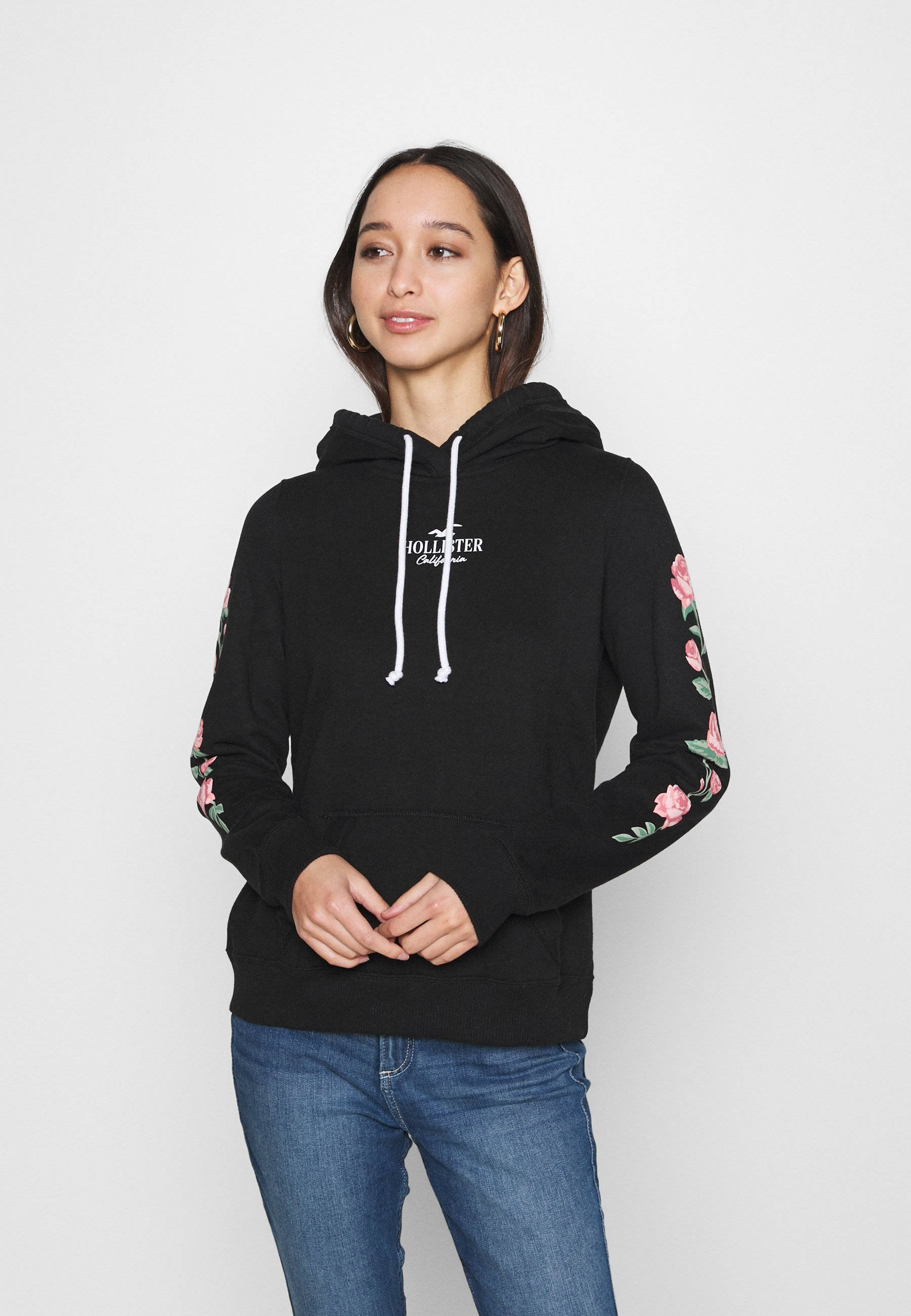 Hollister, pink roses, black hoodie, 2K Phone Wallpaper