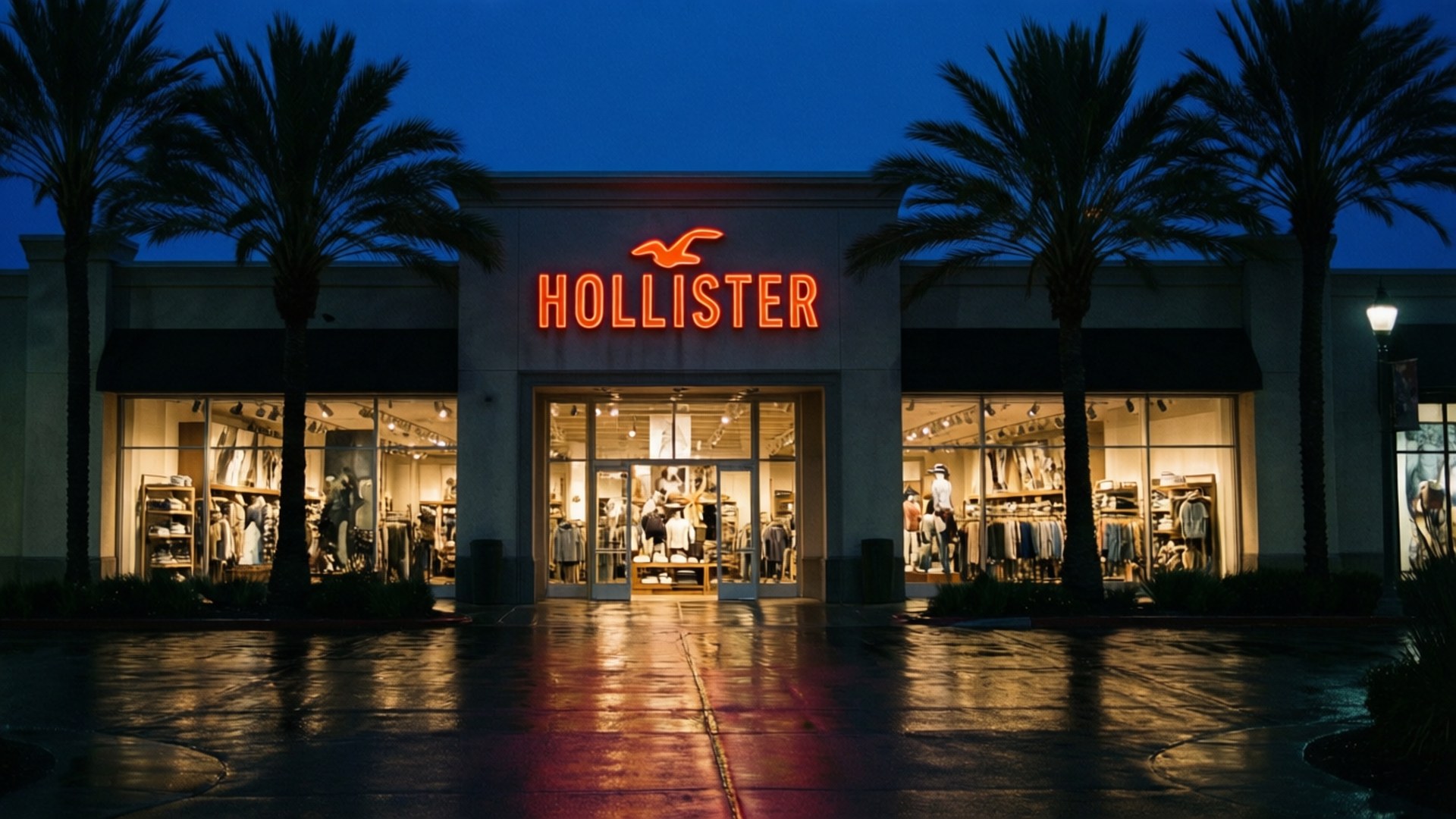 Hollister, neon signage, palm trees, Full HD Desktop Wallpaper