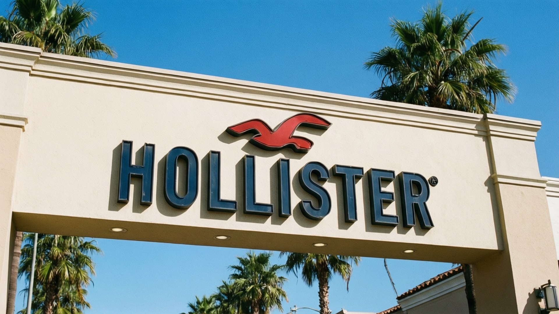 Hollister, beige store sign, red flying bird logo, Full HD Desktop Wallpaper