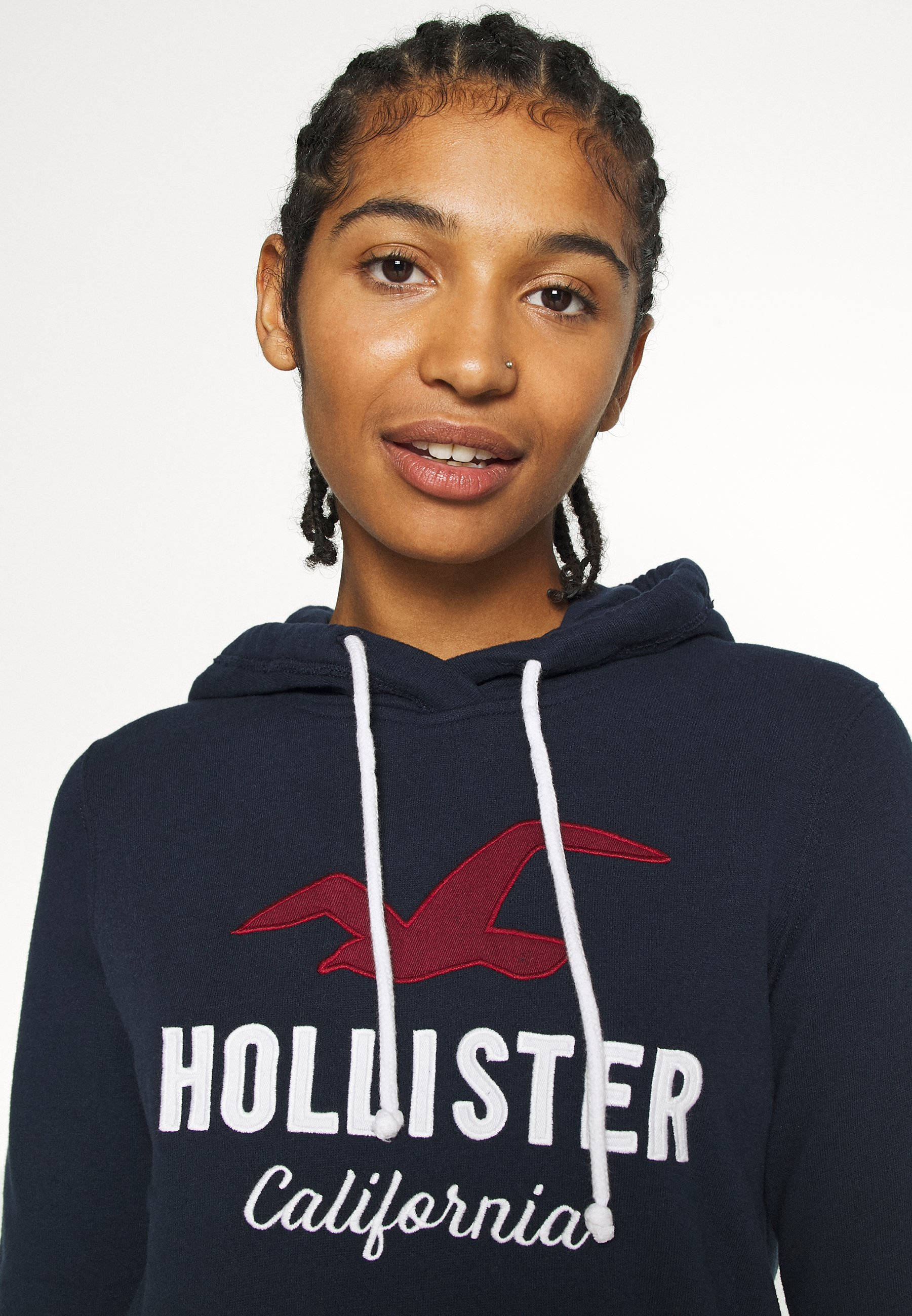 Hollister, red seagull logo, navy blue hoodie, 2K Phone Wallpaper