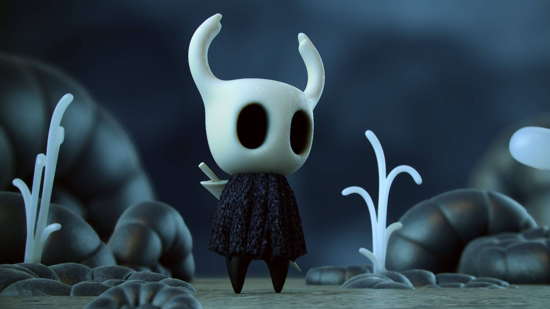 Hollow Knight, white horned character, black eyes, Full HD Desktop Wallpaper