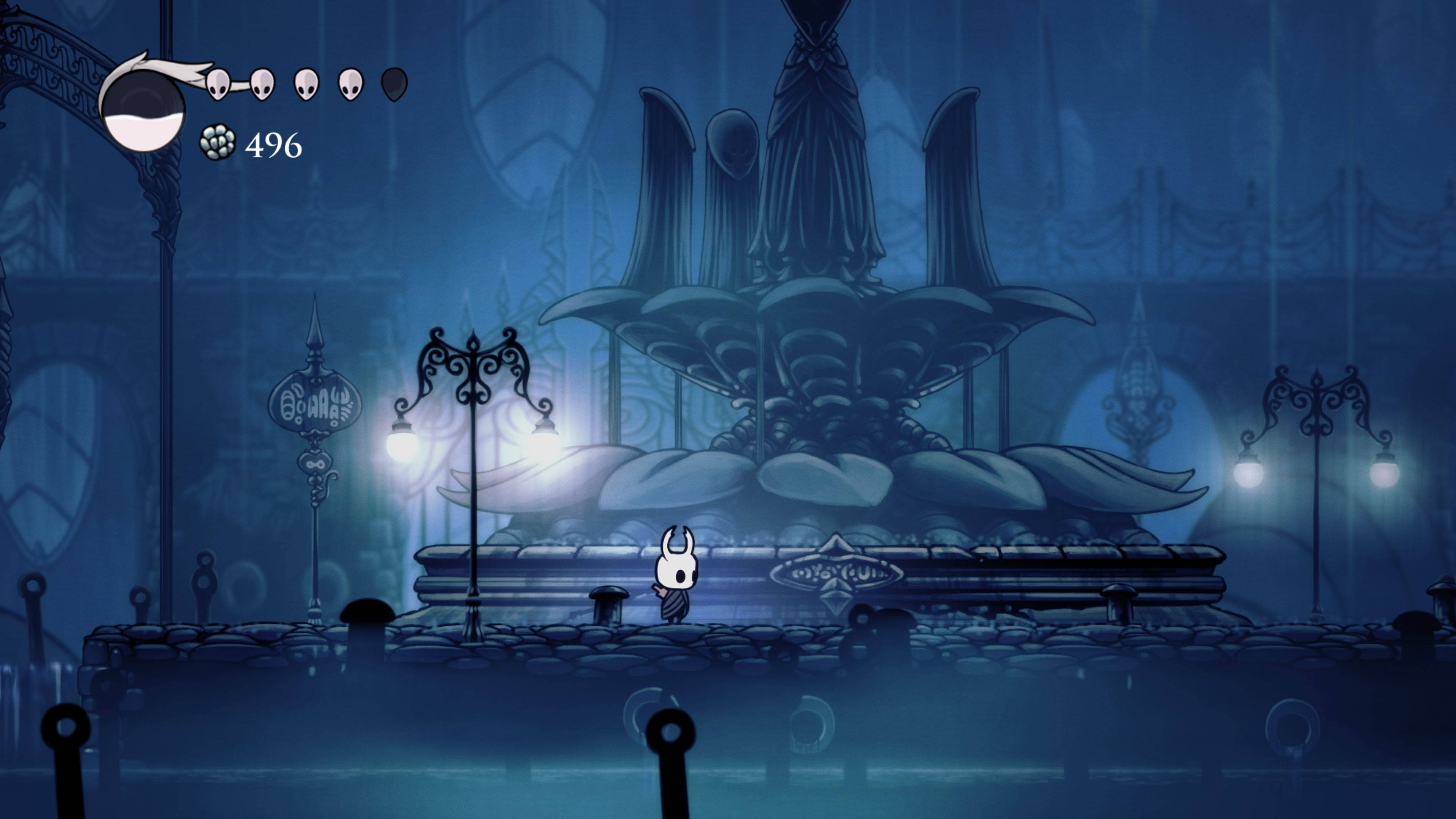 Hollow Knight, white rabbit-like character, ornate fountain, 4K Desktop Wallpaper