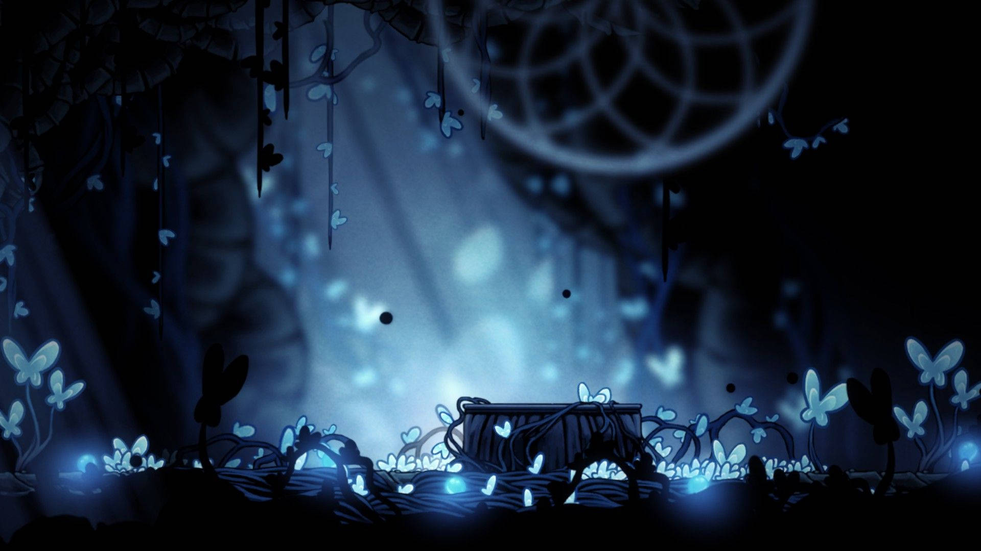 Hollow Knight, blue bioluminescent butterflies, dark forest, Full HD Desktop Wallpaper