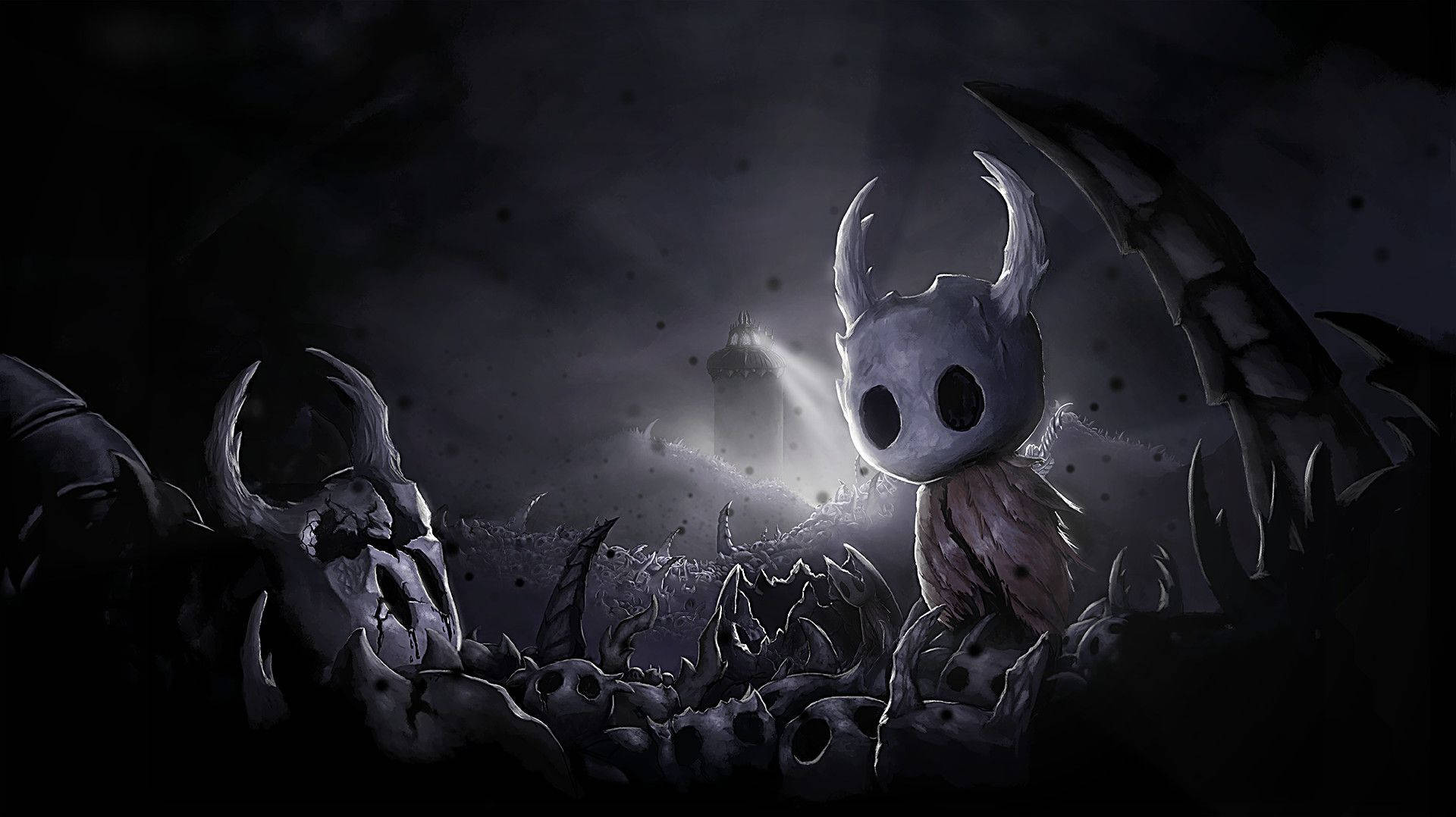 Hollow Knight, skulls, dark stormy sky, Full HD Desktop Wallpaper
