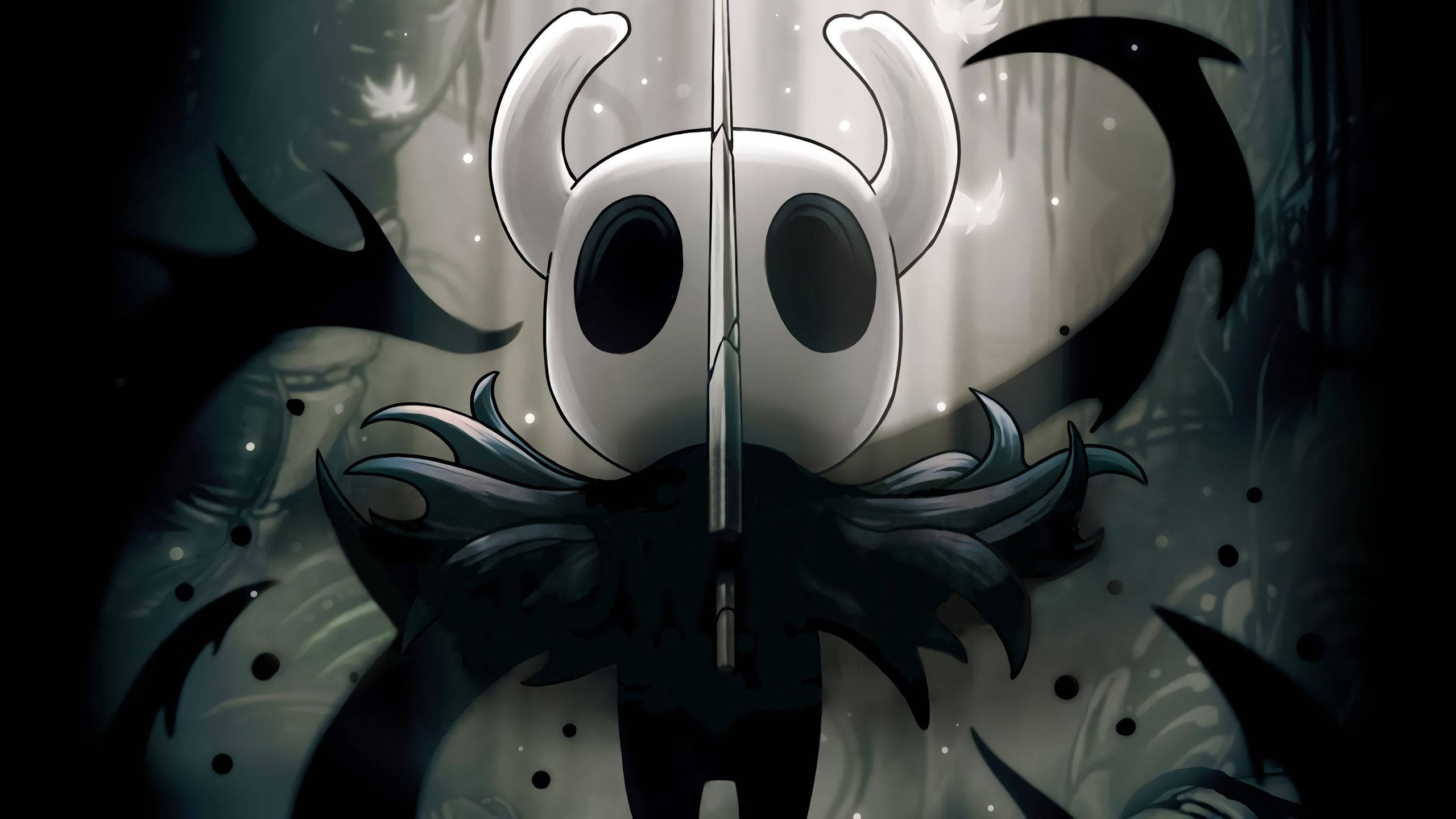 Hollow Knight, white horned figure, sword split down the middle, 2K Desktop Wallpaper