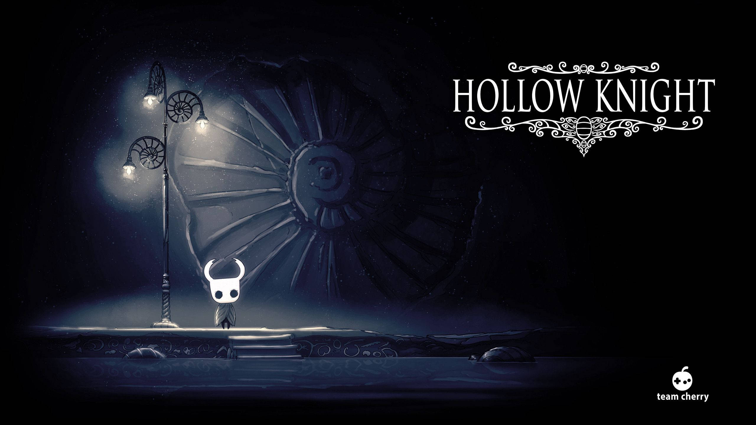 Hollow Knight, skull helmet, glowing streetlamp, 2K Desktop Wallpaper