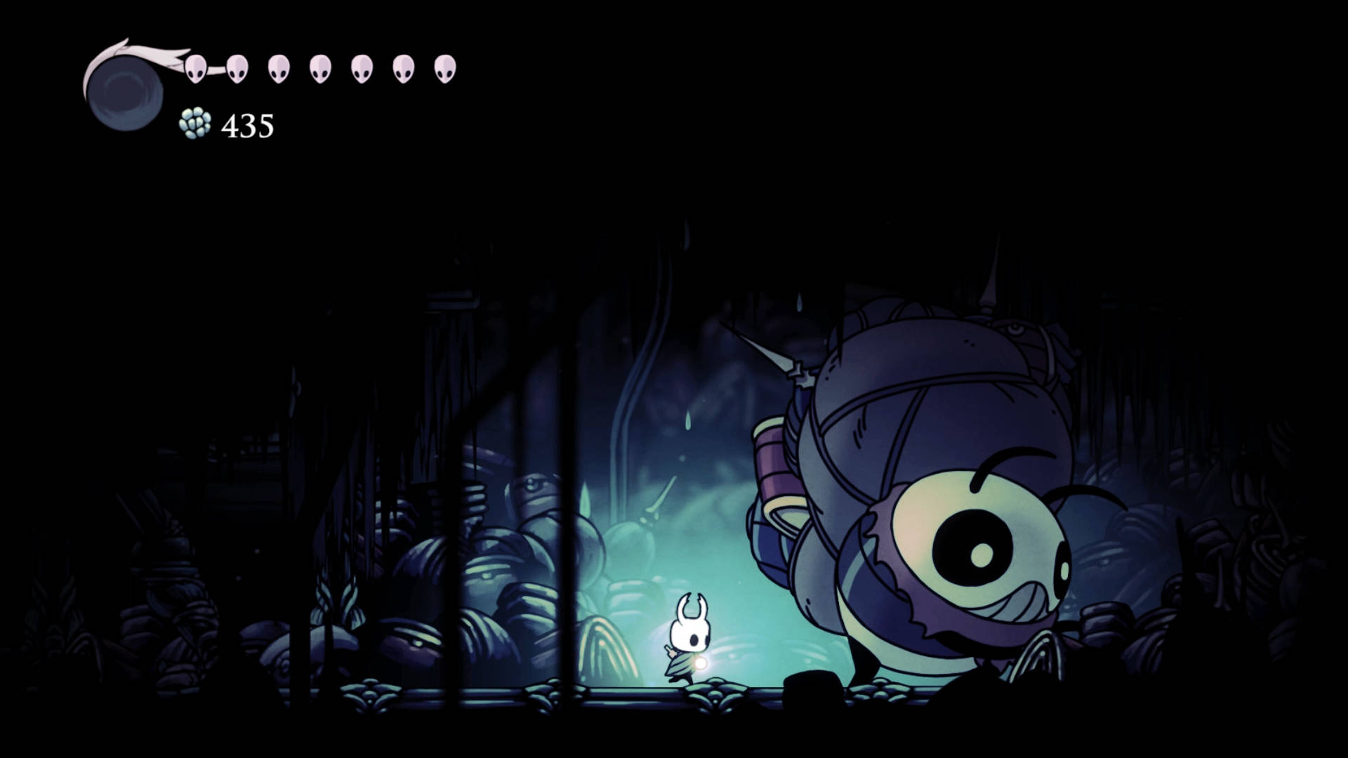 Hollow Knight, small white rabbit-like character, large menacing eye creature, Full HD Desktop Wallpaper