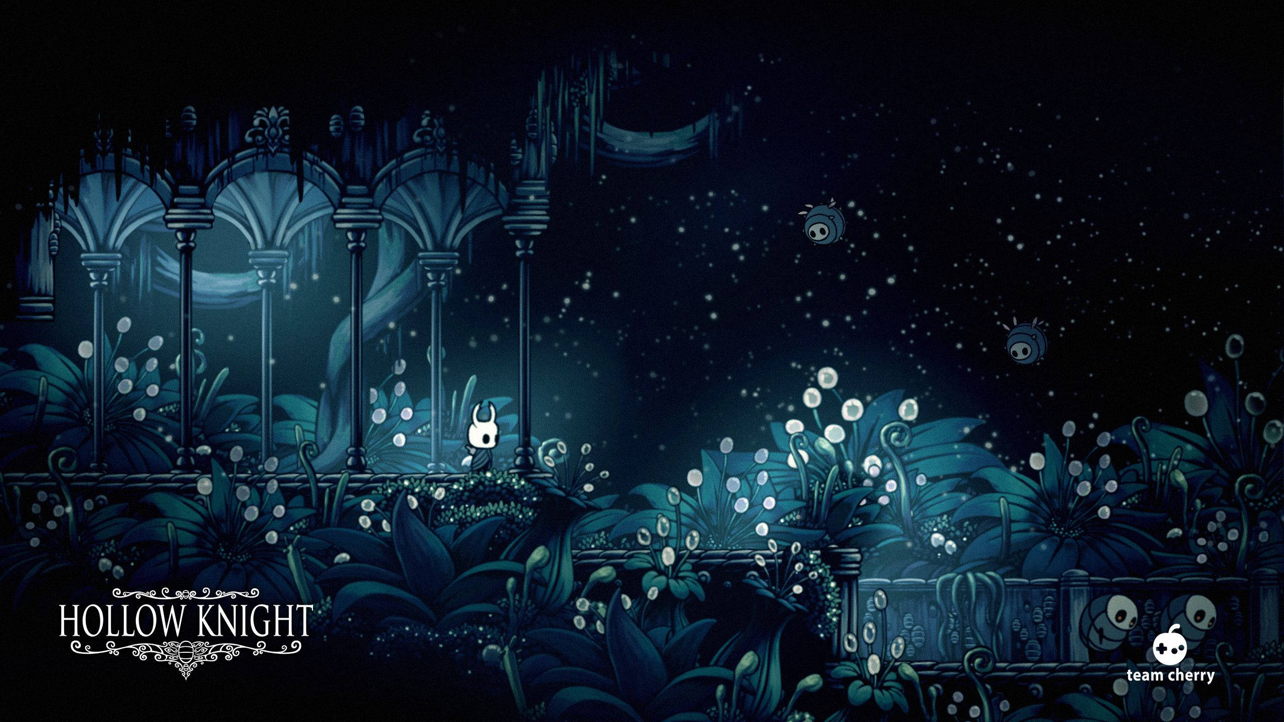Hollow Knight, dark blue fantasy scene, glowing flora, 2K Desktop Wallpaper