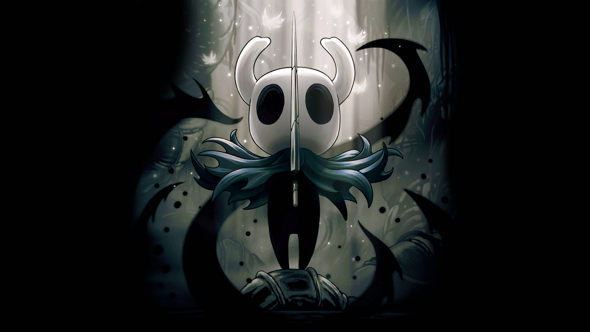 Hollow Knight, white horned figure, sword, Full HD Desktop Wallpaper